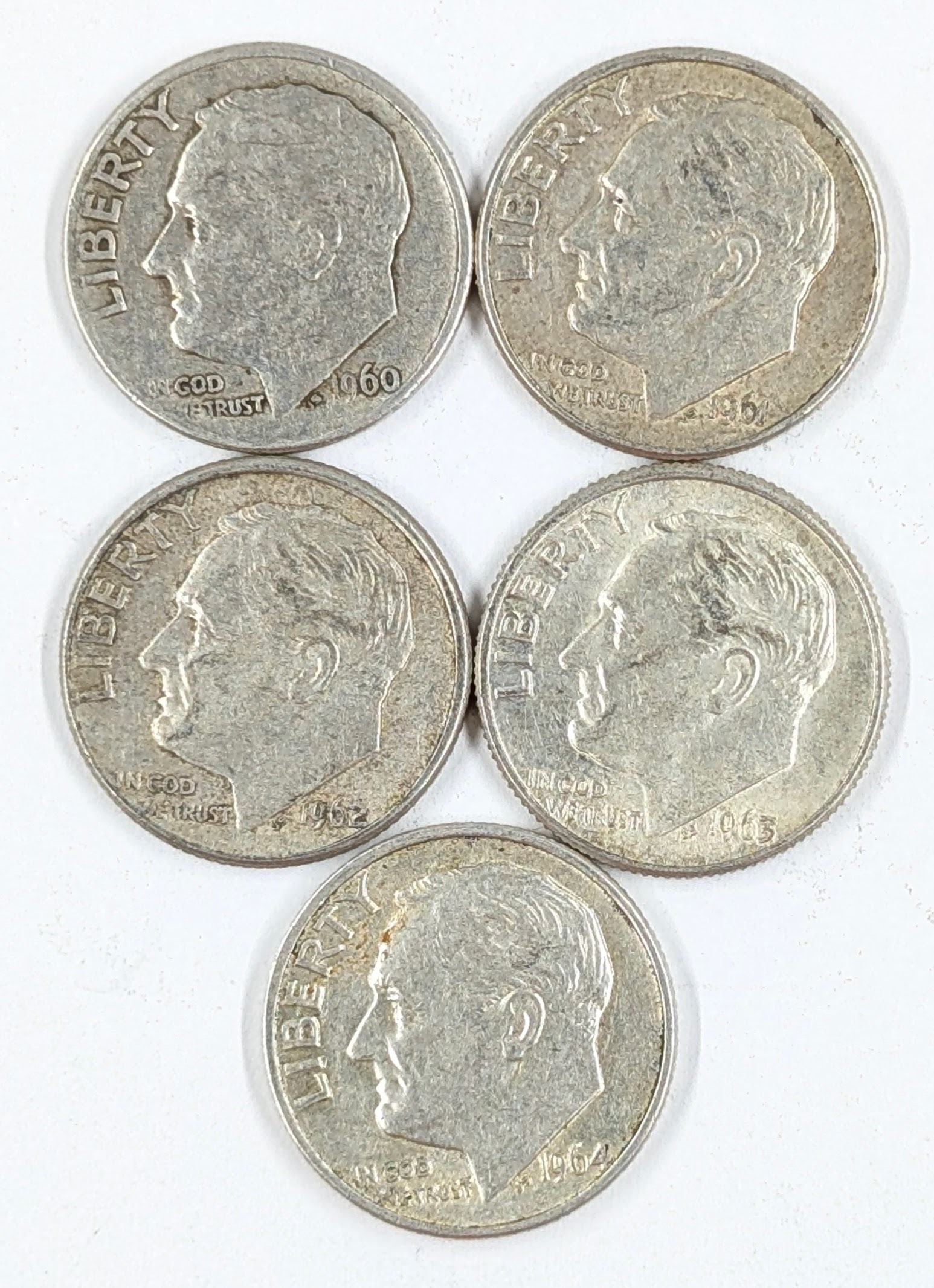 Lot of 5 Silver Roosevelt Dimes - 1960-1964: Silver