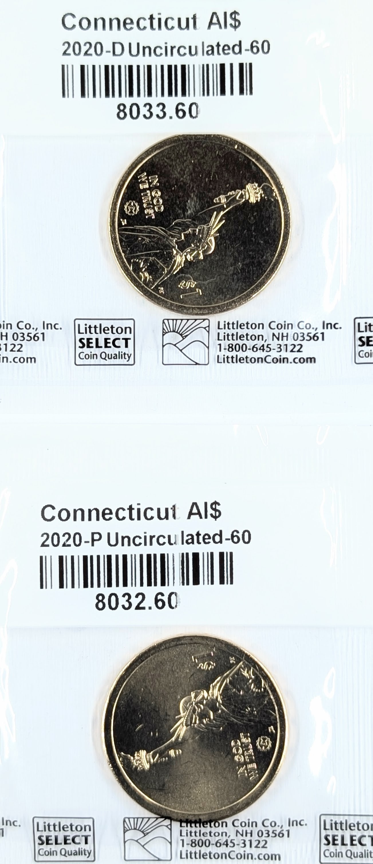 Lot of 2 Uncirculated 2020 P/D American Innovation Dollars - Connecticut: Coin