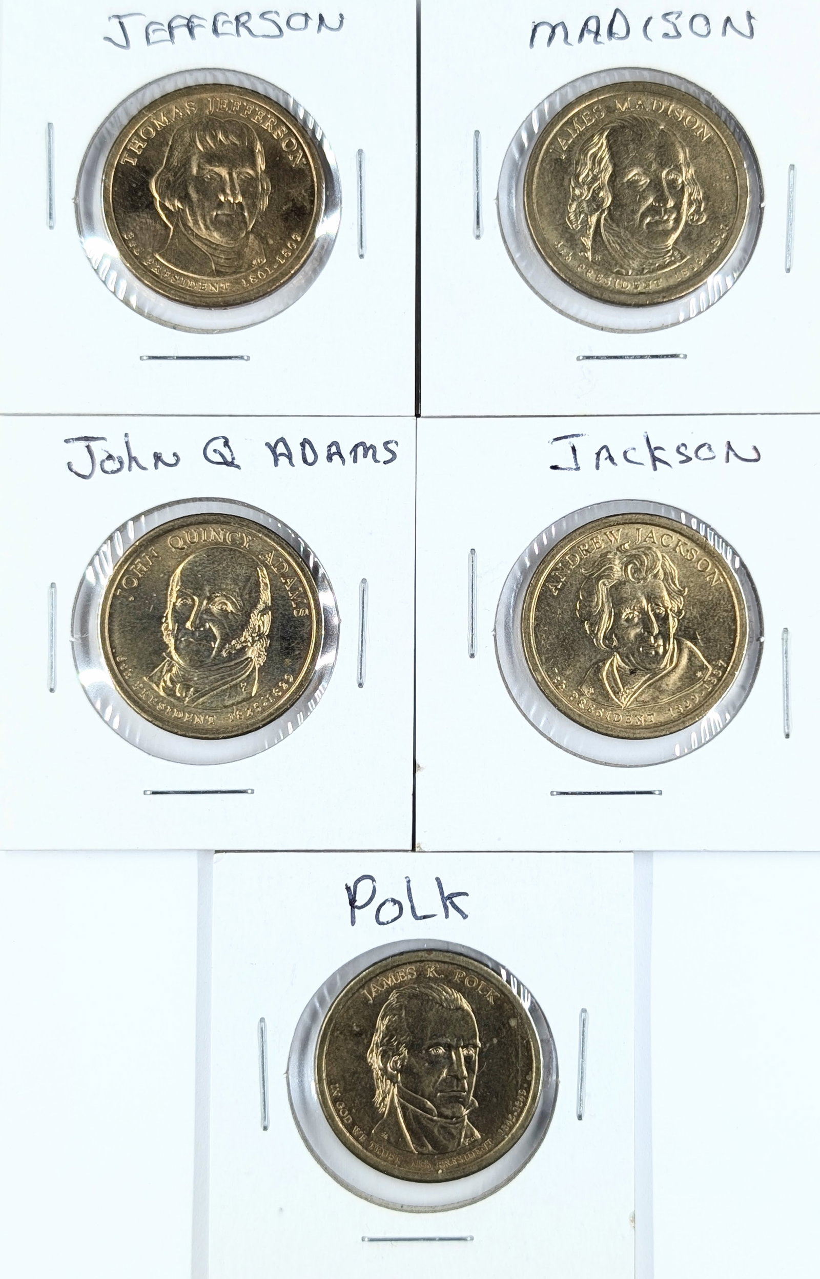 Lot of 5 Uncirculated Presidential Dollars - Jefferson, Madison, Adams, Jackson, Polk: Coin