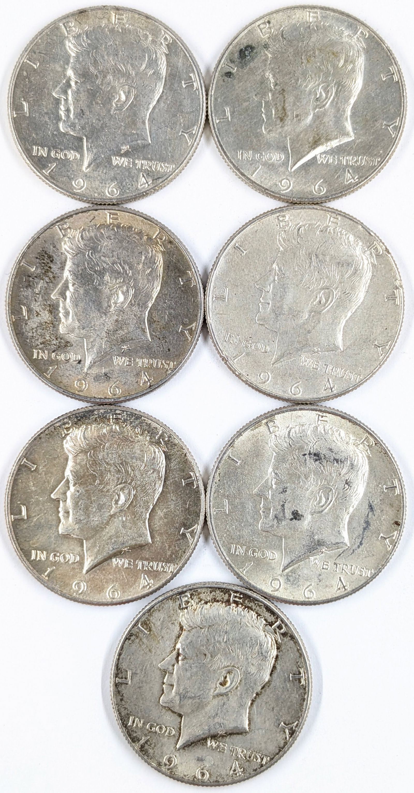 Lot of 7 Silver 1964 John F Kennedy Half Dollars: Silver