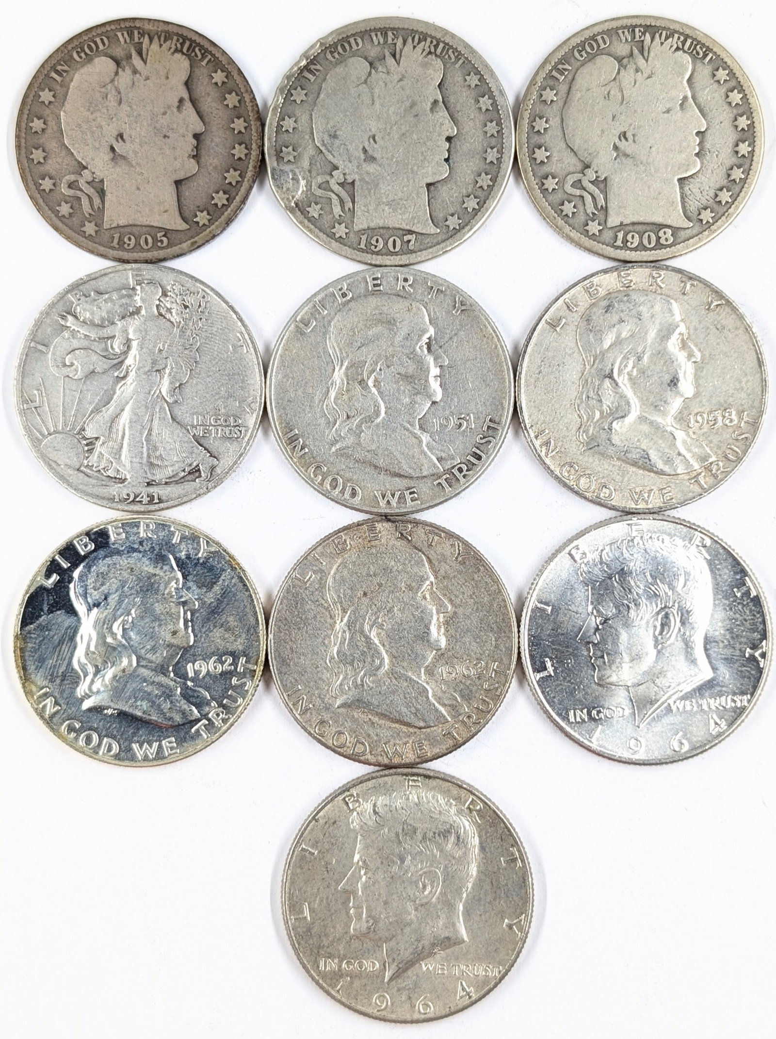 Lot of 10 Half Dollars - Barbers, Walking, Franklin & JFK: Silver