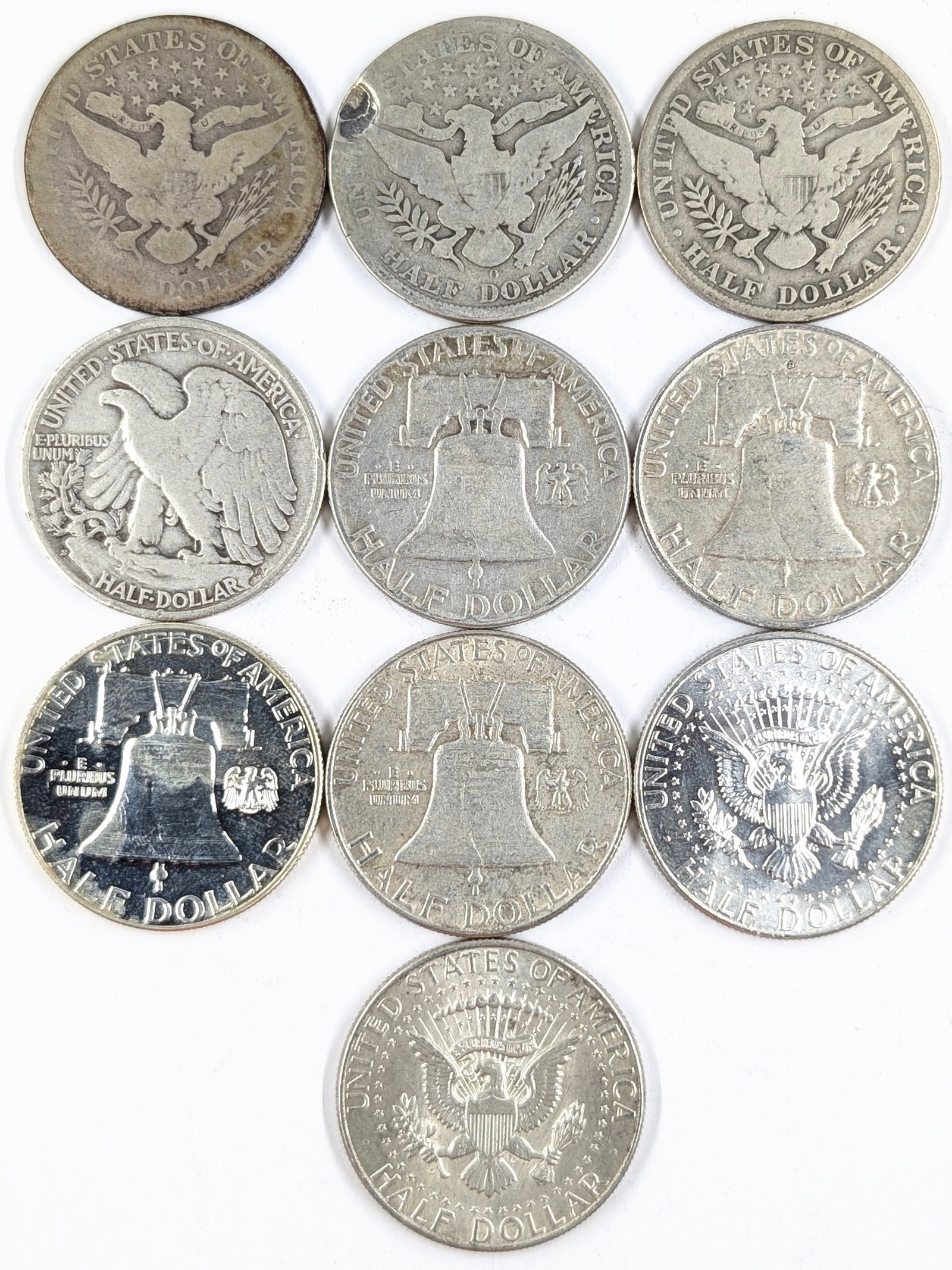 Lot of 10 Silver Half Dollars - Barbers, Walking, Franklin & JFK - 2