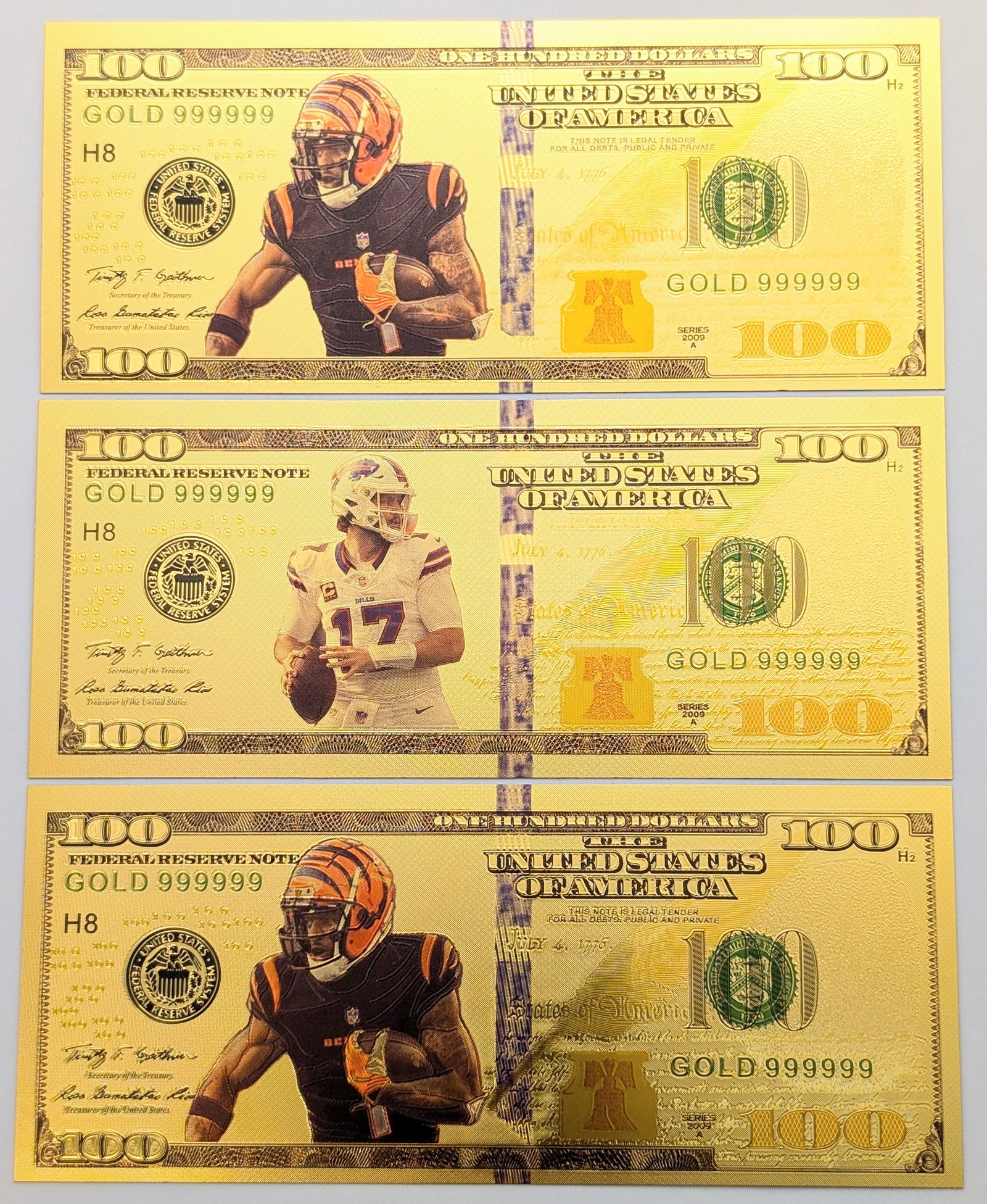 Lot of 3 Football Bengals & Bulls Gold foil $100 design: Goldfoil