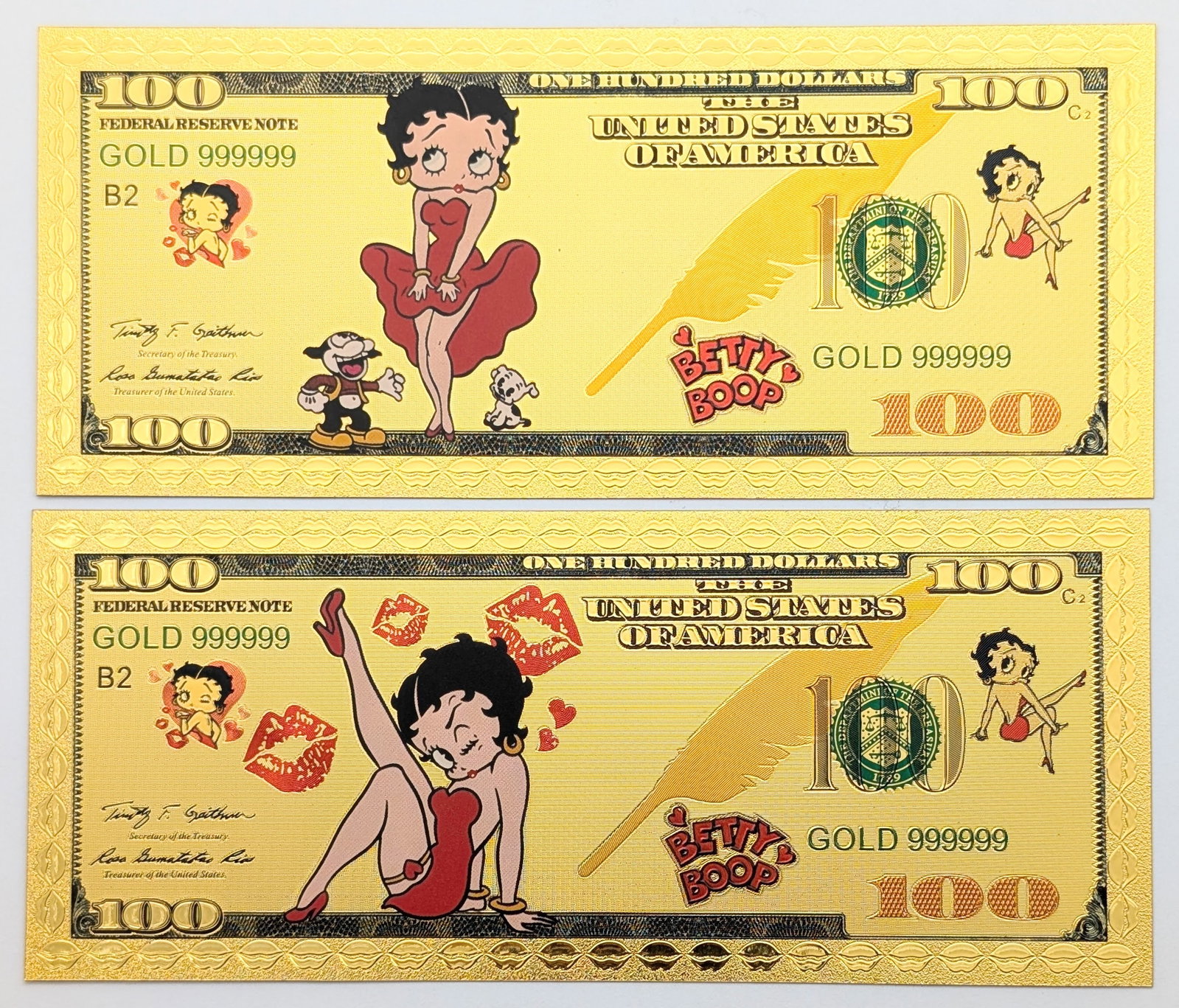 Lot of 2 Betty Boop Gold foil $100 design: Goldfoil