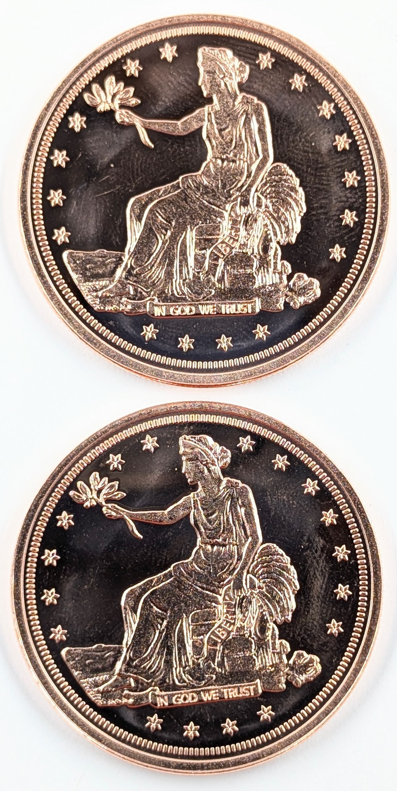 Lot of 2 - 1 Ounce (each) Fine .999 Copper Rounds - Seated Liberty: Copper