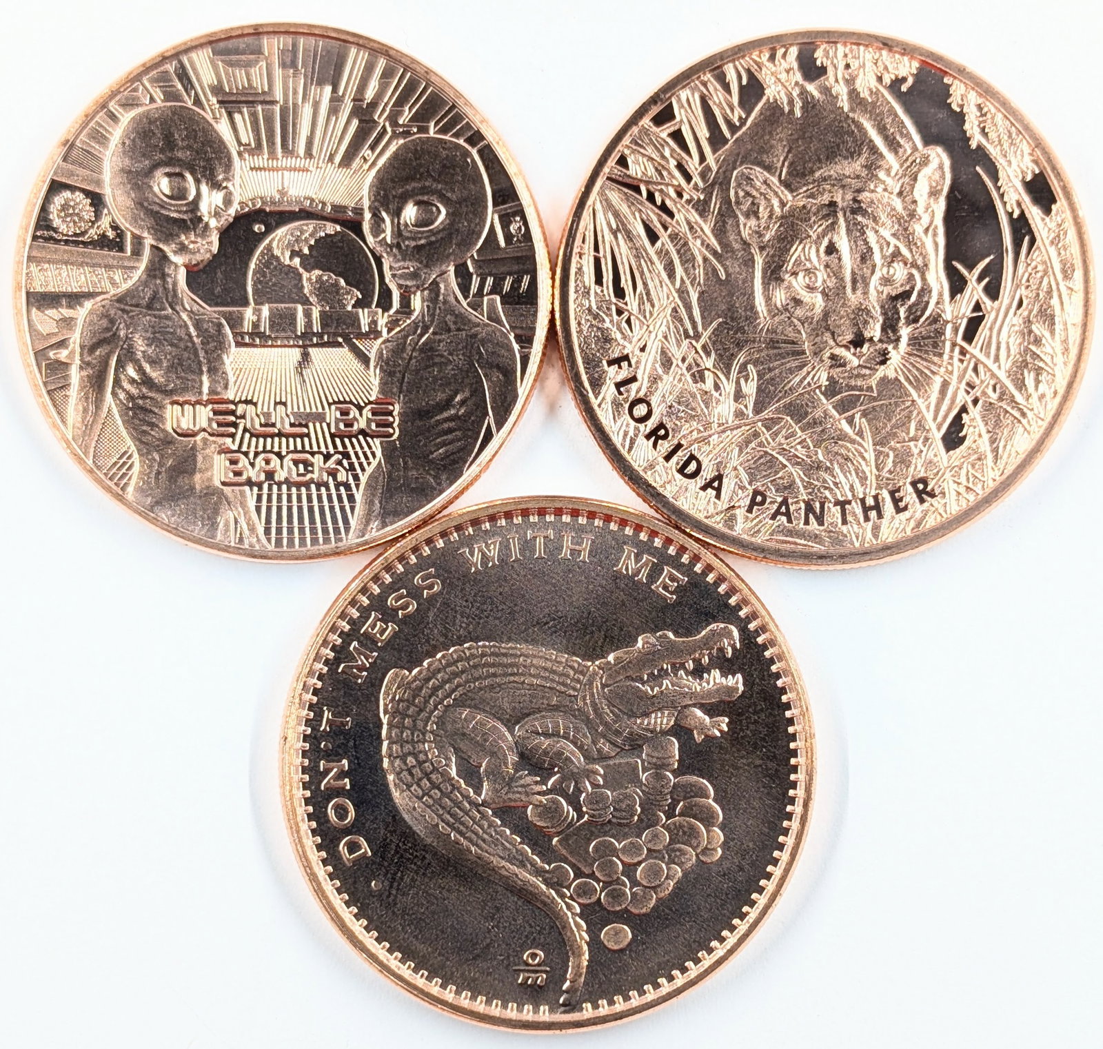 Lot of 3 - 1 Ounce (each) Fine .999 Copper Rounds - Alien, Panther, Gator: Copper
