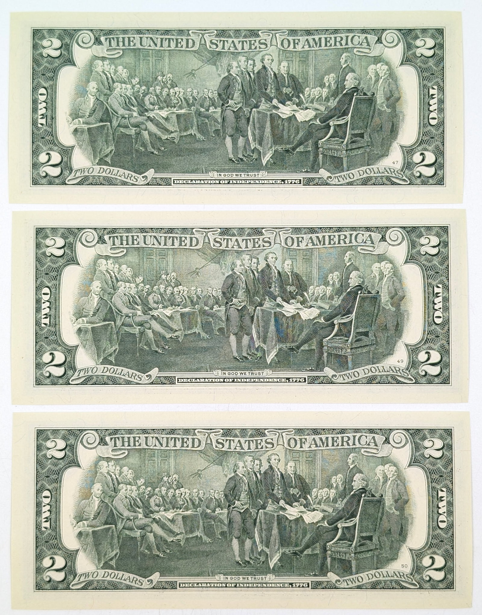 Lot of 3 Sequential 2013 Uncirculated $2 Notes- Green Seals - 2