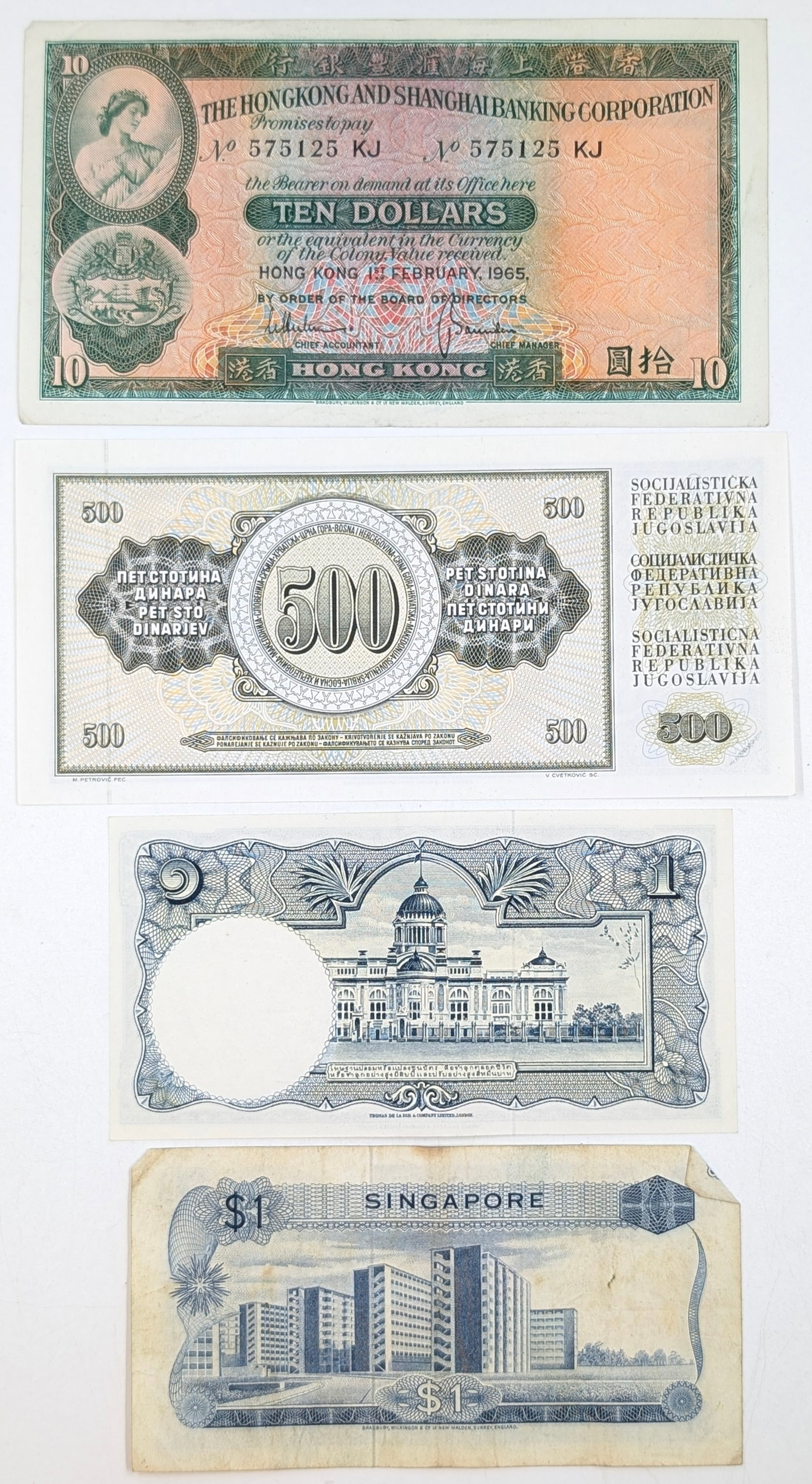 Lot of 4 Foreign Banknotes- $10 Hong Kong,$500 Dinara, Thai Baht, $1 Singapore - 2