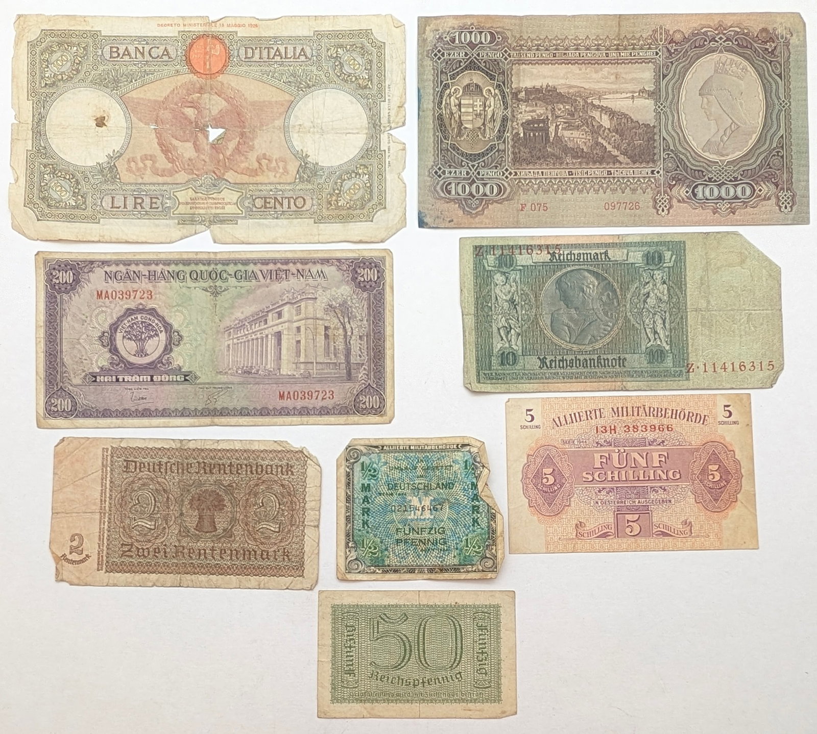 Lot of 8 Foreign Banknotes- German Rentenmark, Hungarian Pengo, French Currency, ect - 2
