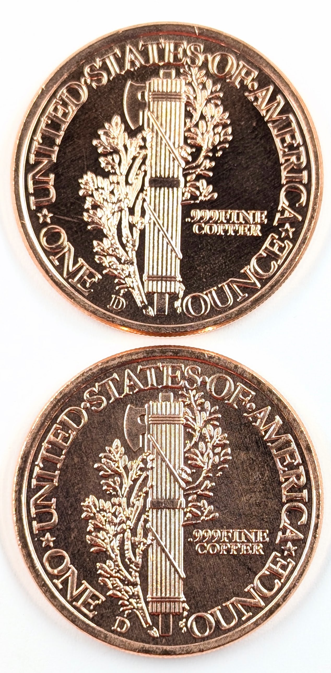 Lot of 2 - 1 Ounce (each) Fine .999 Copper Rounds- Mercury - 2