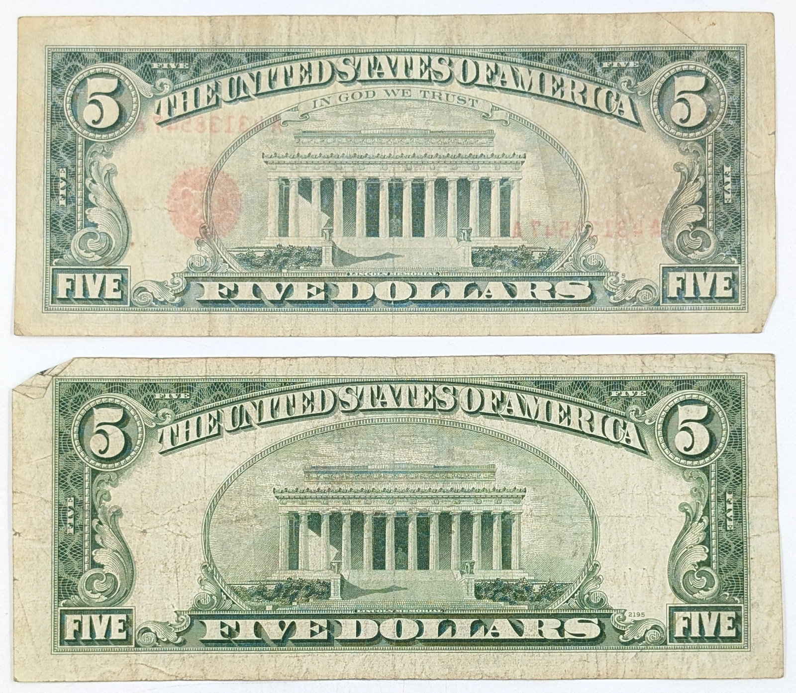 Lot of 2- $5 Notes - Red Seals- 1953, 1963 - 2
