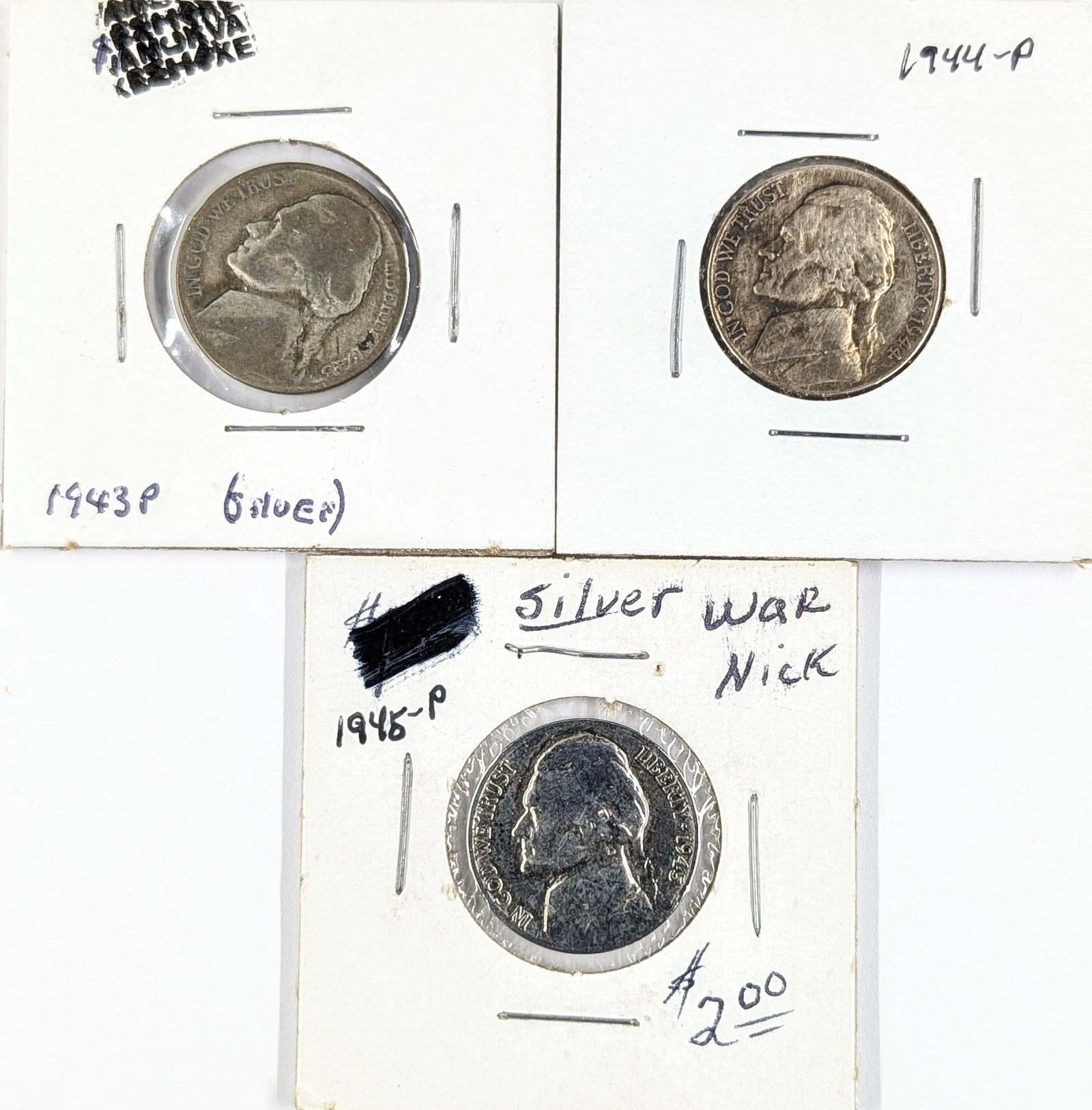 Lot of 3 Silver War Nickels- 1943, 1944, 1945 (1 of 2)