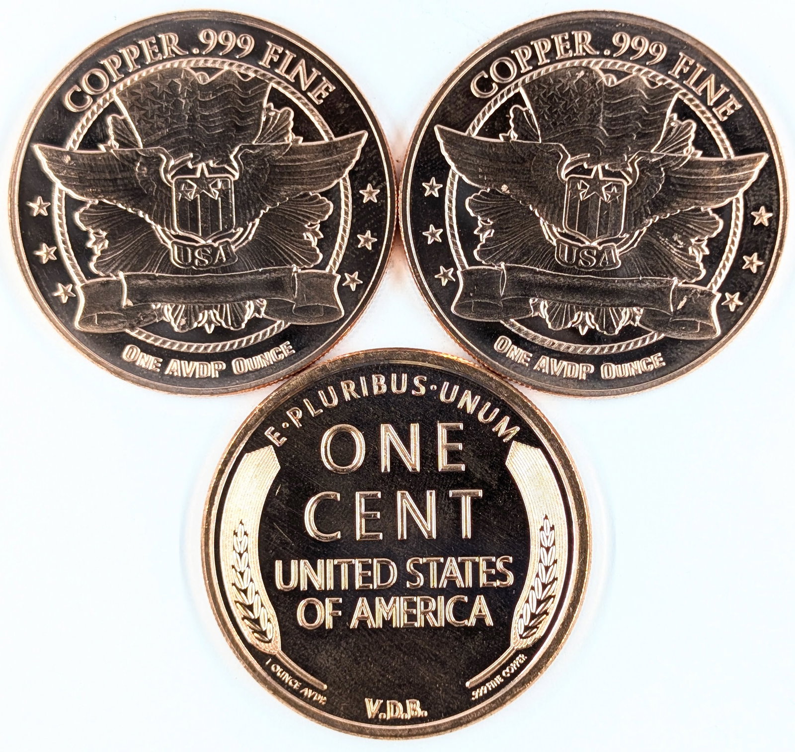 Lot of 3 - 1 Ounce (each) Fine .999 Copper Rounds - Seated Liberties & Lincoln - 2