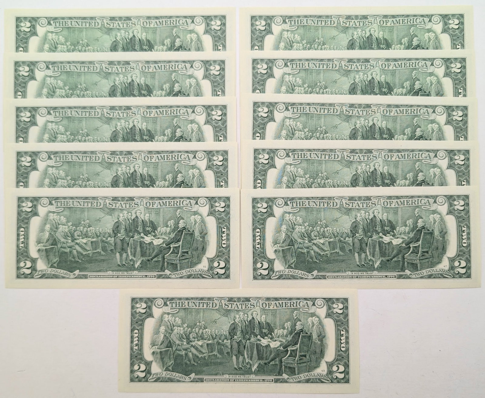 Lot of 11 Uncirculated Sequential $2 Notes - Green Seals - 2