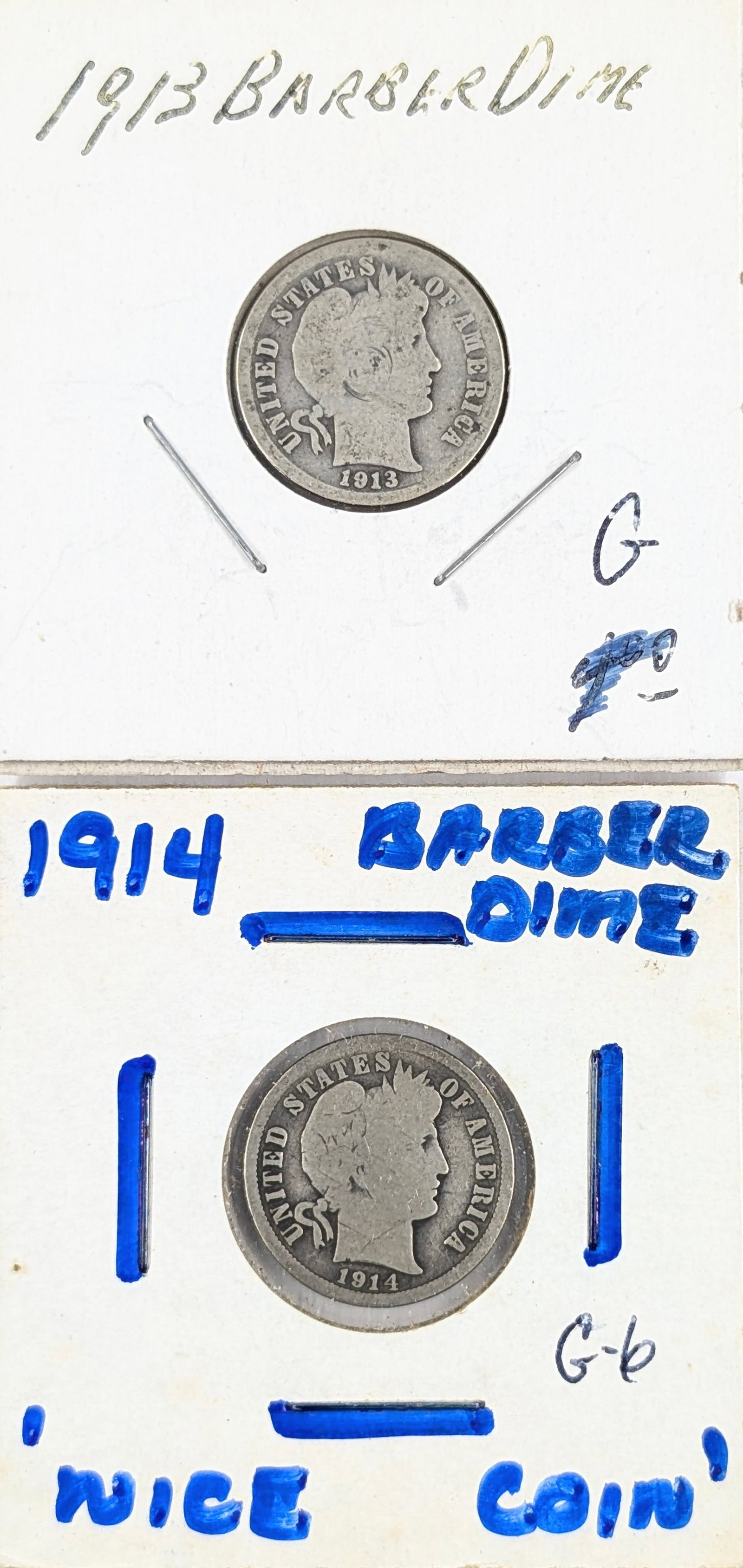 Lot of 2 Silver Barber Dimes - 1913, 1914: Silver