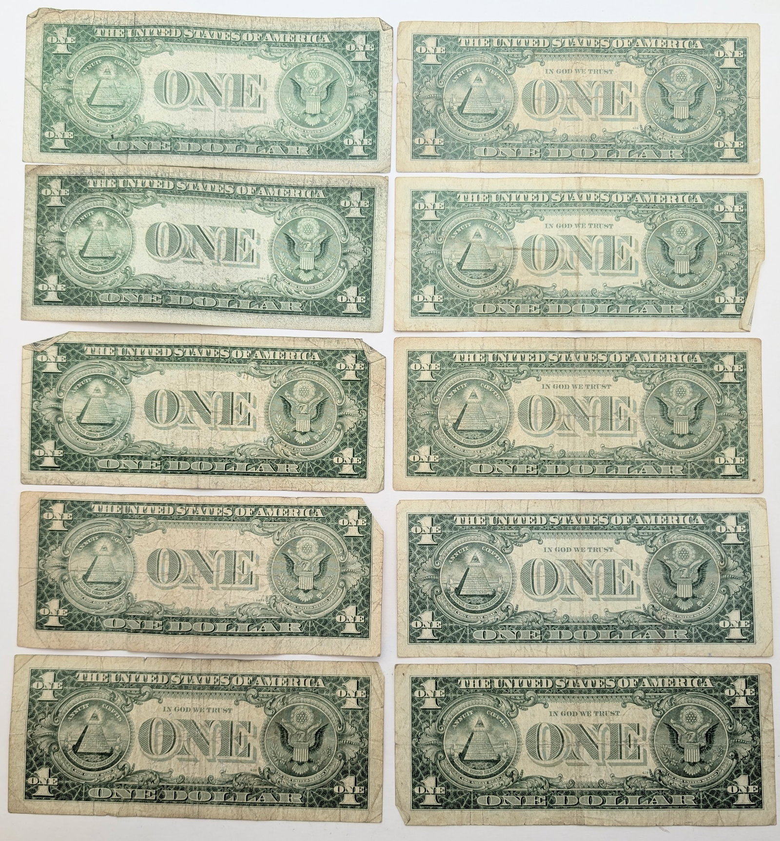 Lot of 10 $1 Notes - Silver Certificates - 1935 & 1957 - 2