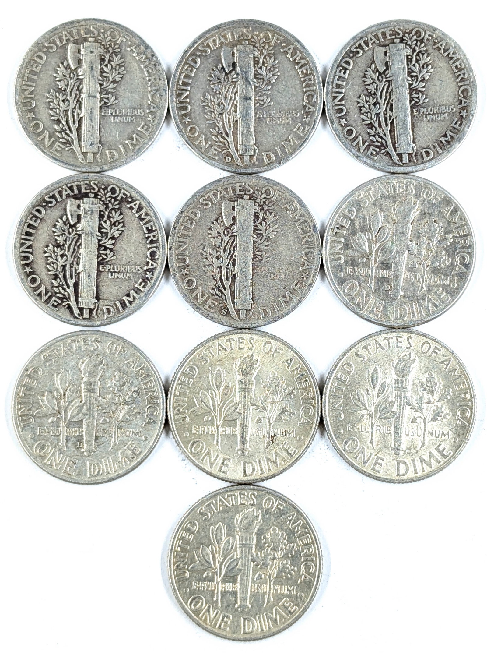 Lot of 10 Silver Mercury & Roosevelt Dimes - 1942-1964 - 2