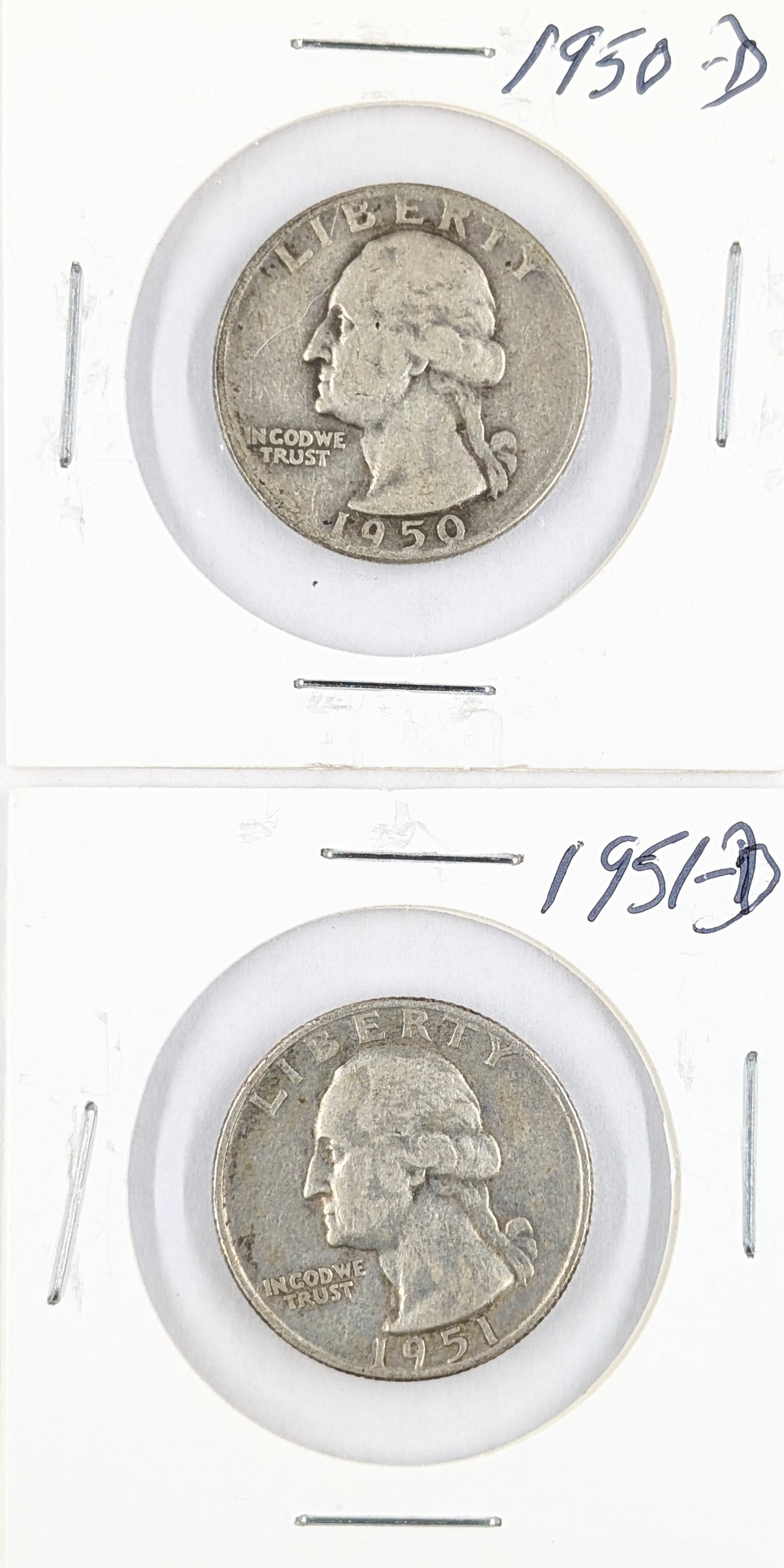 Lot of 2 Silver Washington Quarters - 1950-D, 1951-D: Silver
