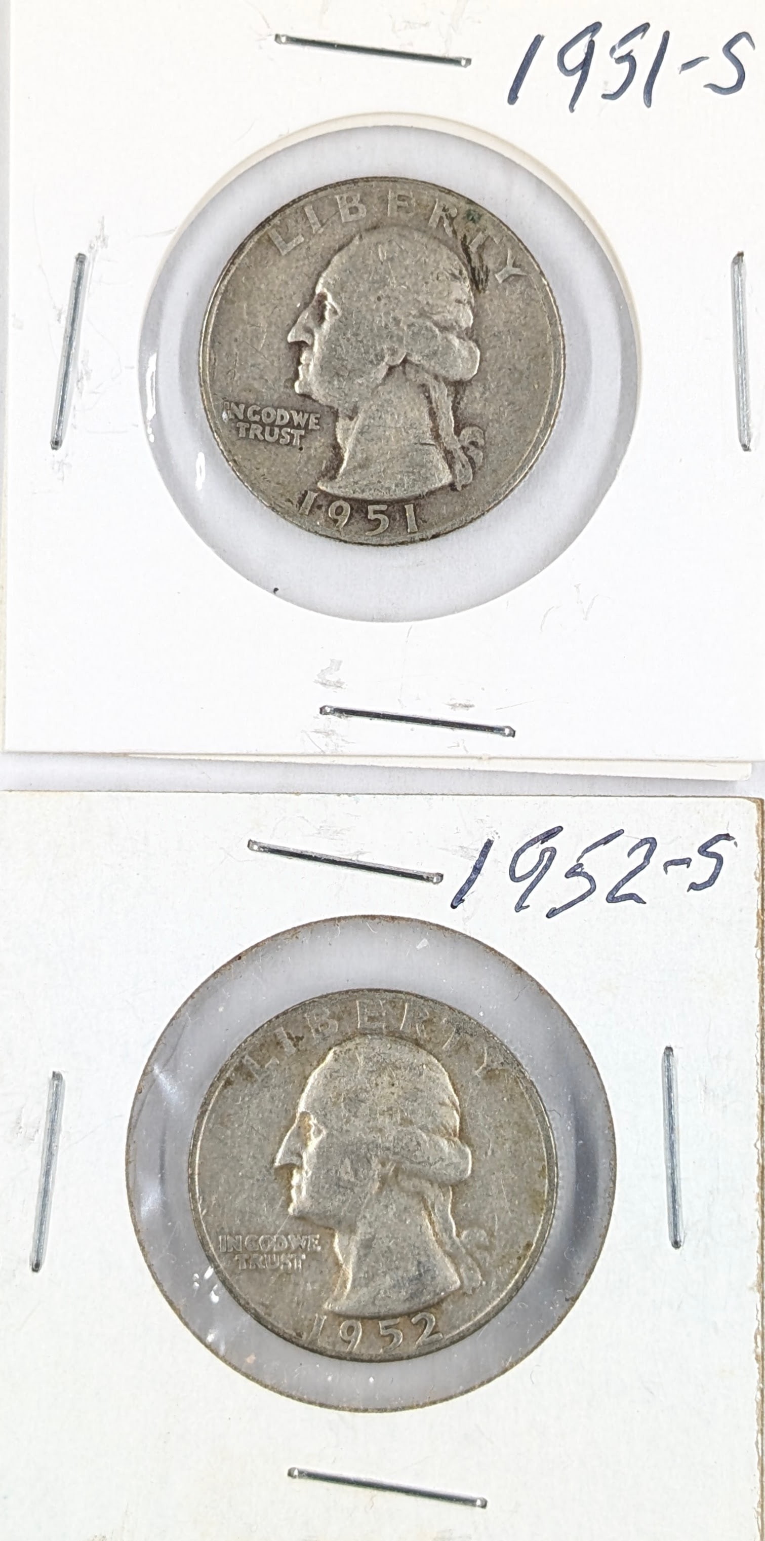 Lot of 2 Silver Washington Quarters - 1951-S, 1952-S: Silver