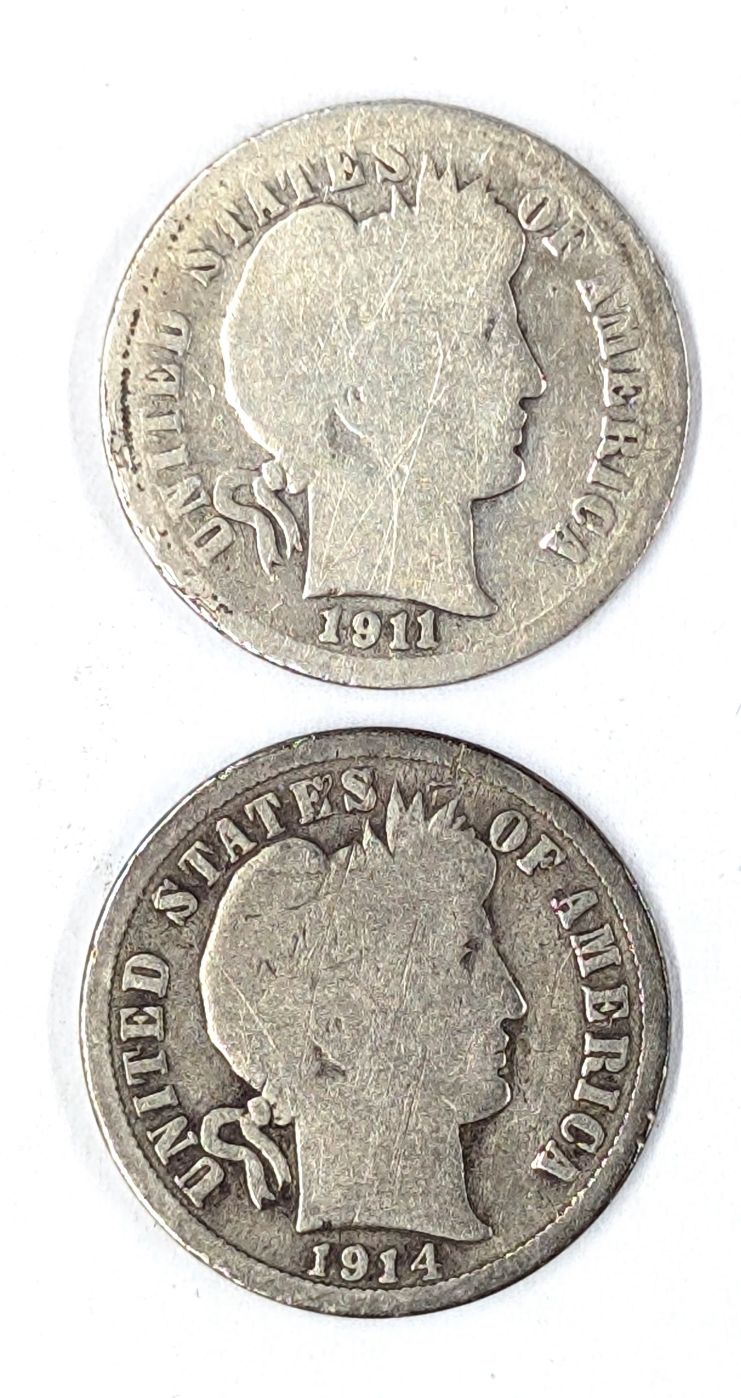 Lot of 2 Silver Barber Dimes - 1911, 1914: Silver