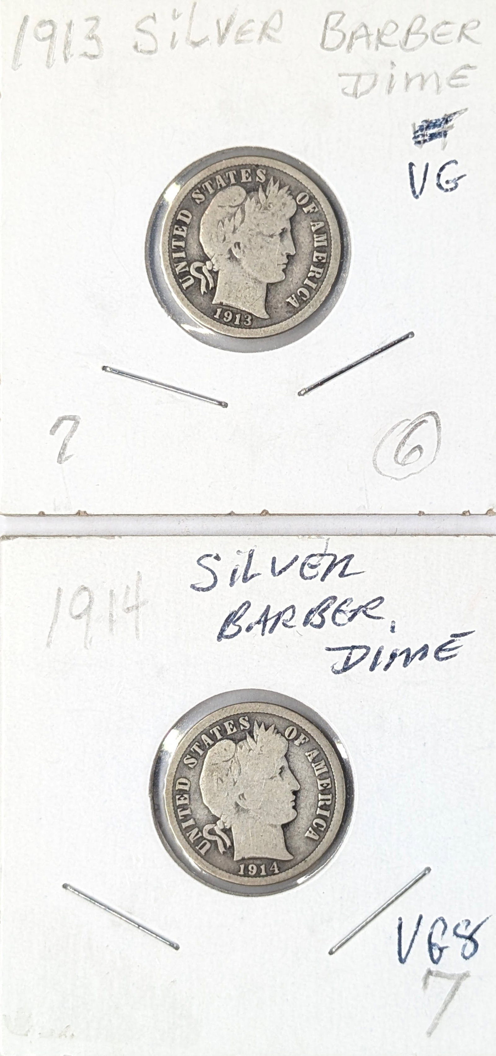 Lot of 2 Silver Barber Dimes - 1913, 1914: Silver