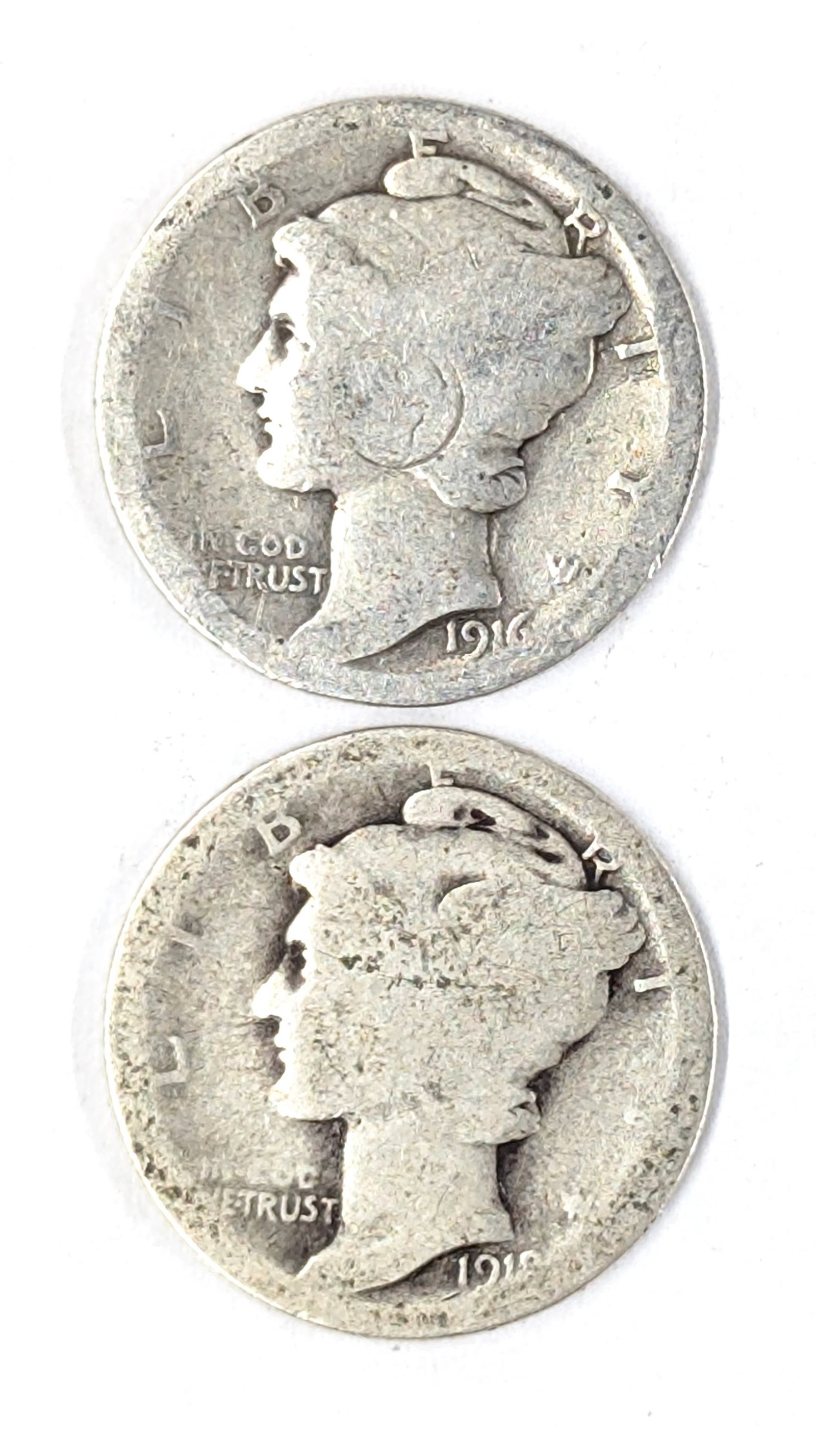 Lot of 2 Silver Mercury Dimes - 1916, 1918: 1916 First year of issue