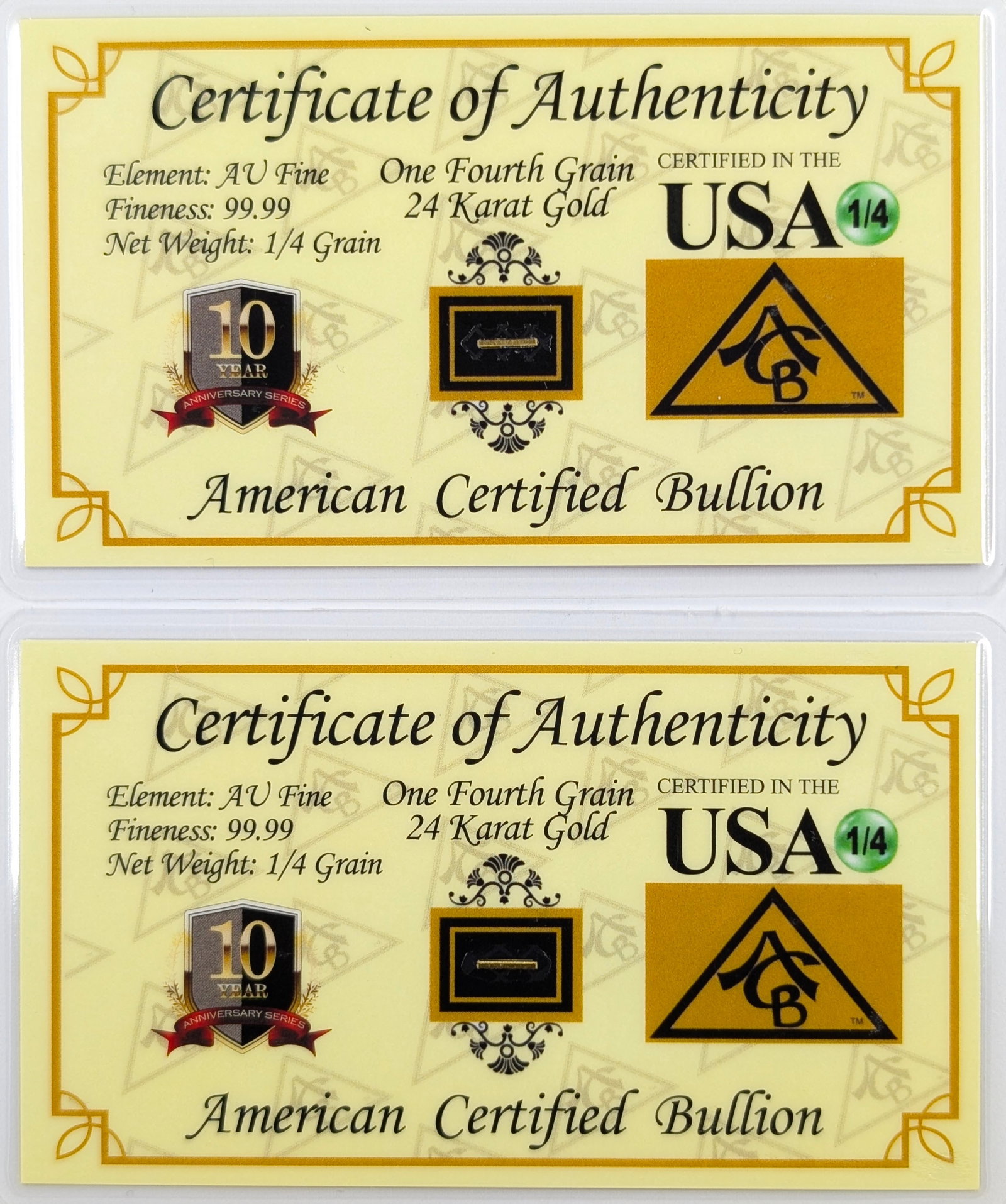 Lot of 2 - 1/4 grain (each) .999 Fine Gold - American Certified Bullion: Grain