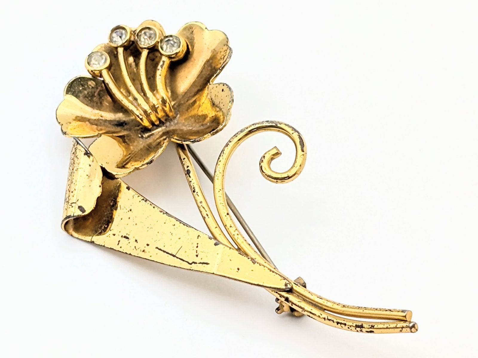 Vintage Sterling Silver Gold Toned Floral Brooch: Length: 3in