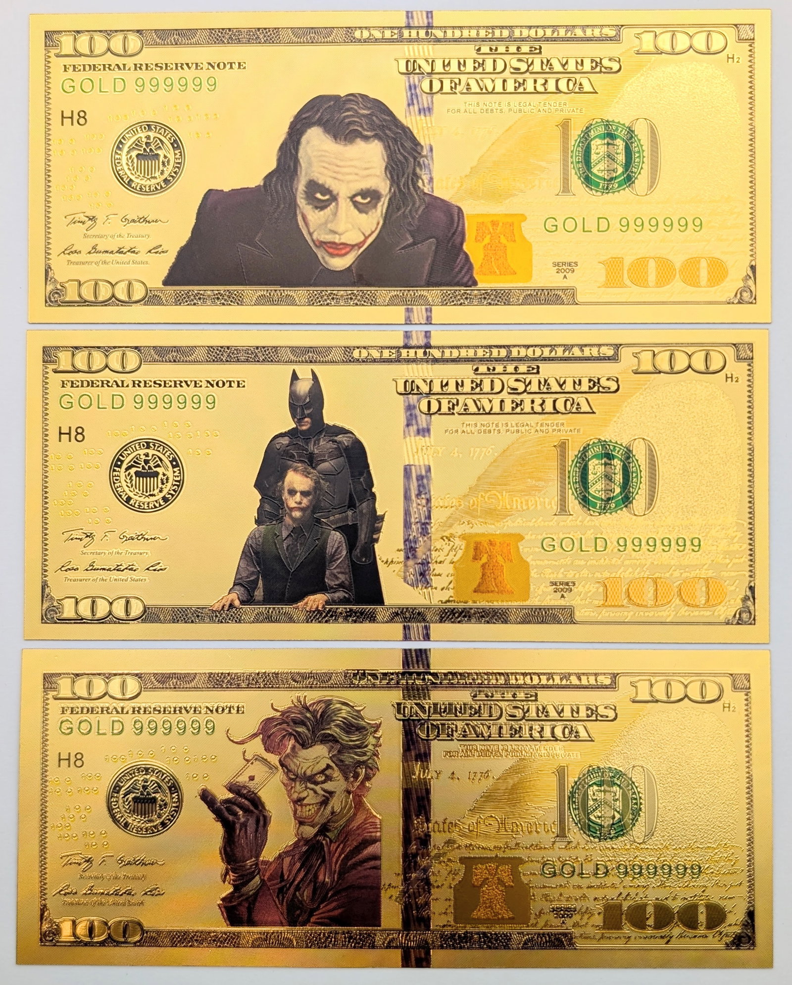 Lot of 3 Joker Gold foil $100 design: Gold foil