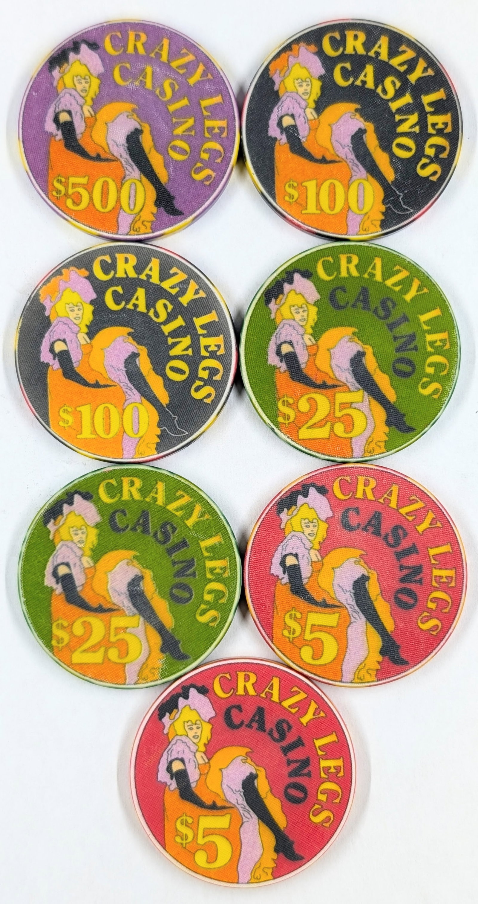 Lot of 7 Crazy Legs Casino Chips - $5-$500 (1 of 2)