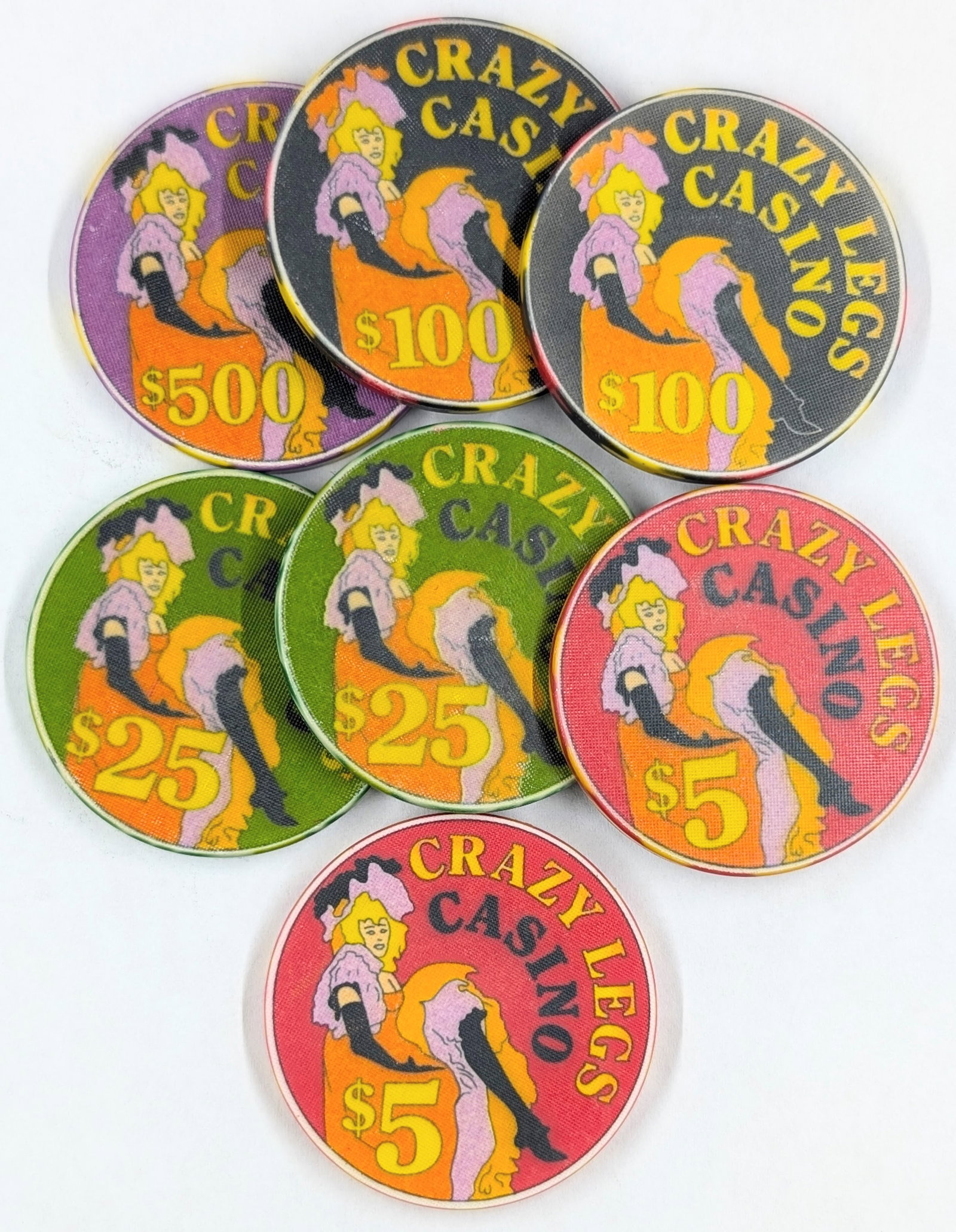 Lot of 7 Crazy Legs Casino Chips - $5-$500 - 2
