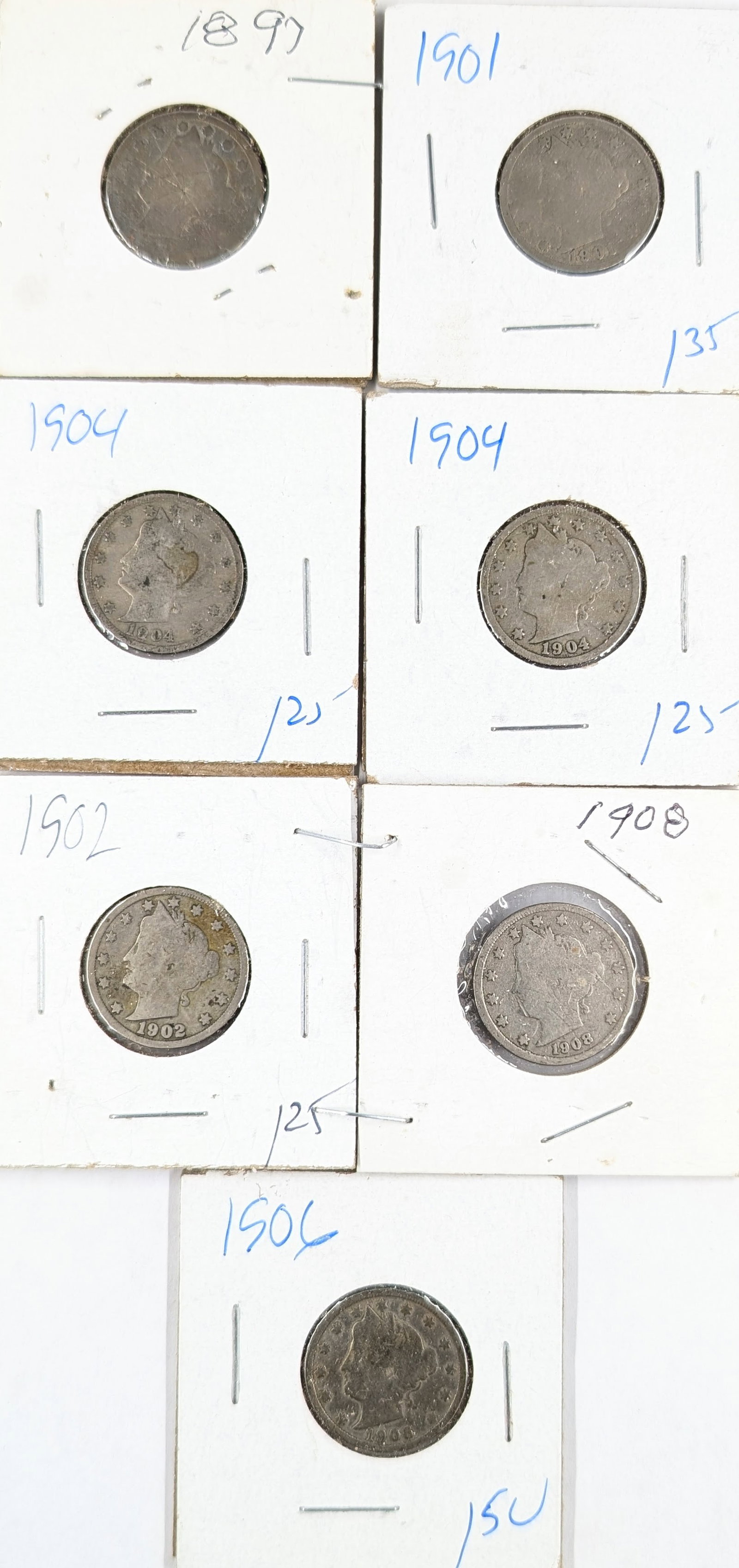 Lot of 7 Liberty V Nickels - 1897-1908: Coin