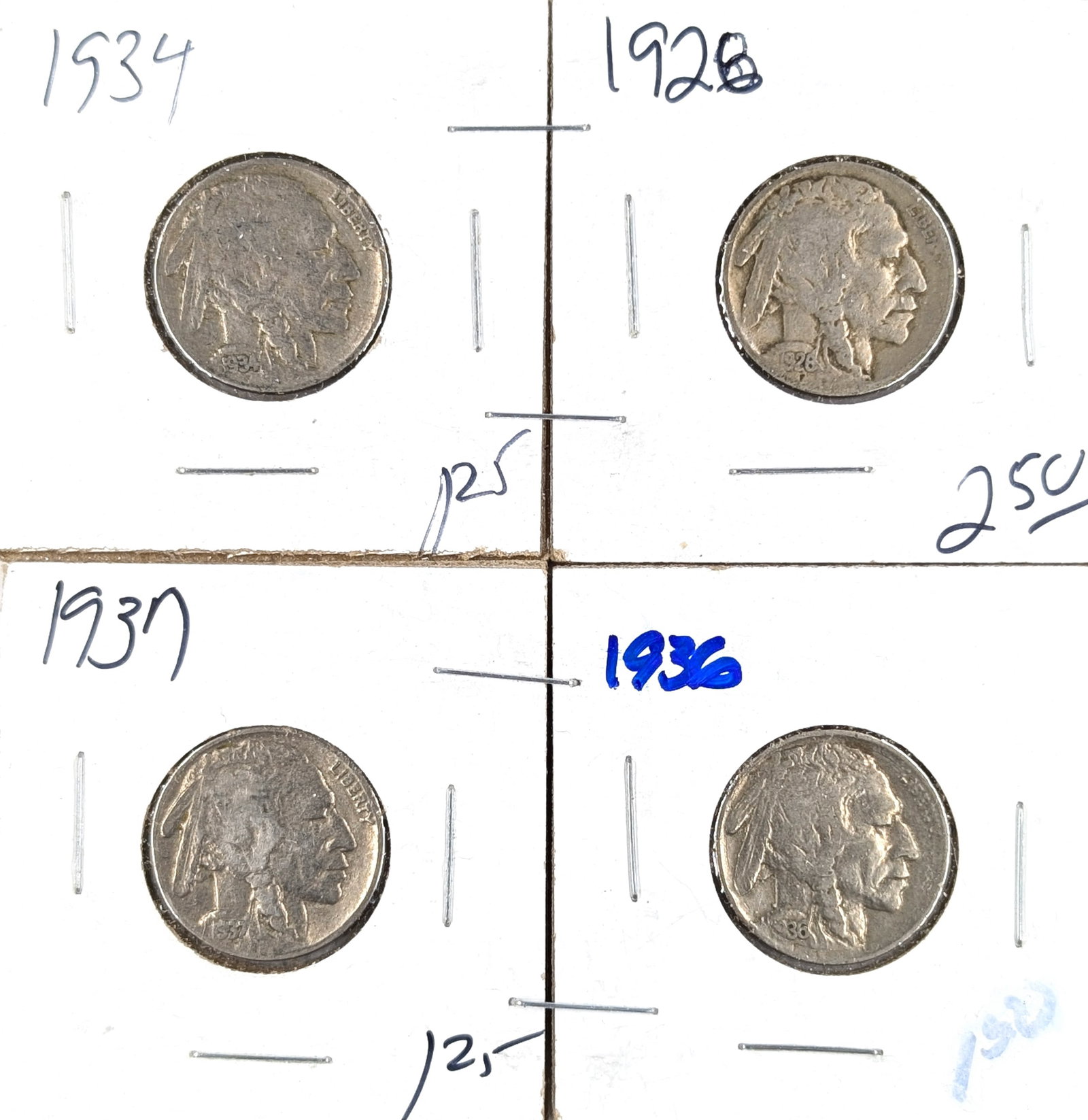 Lot of 4 Buffalo Head Nickels - 1926-1937: Coin