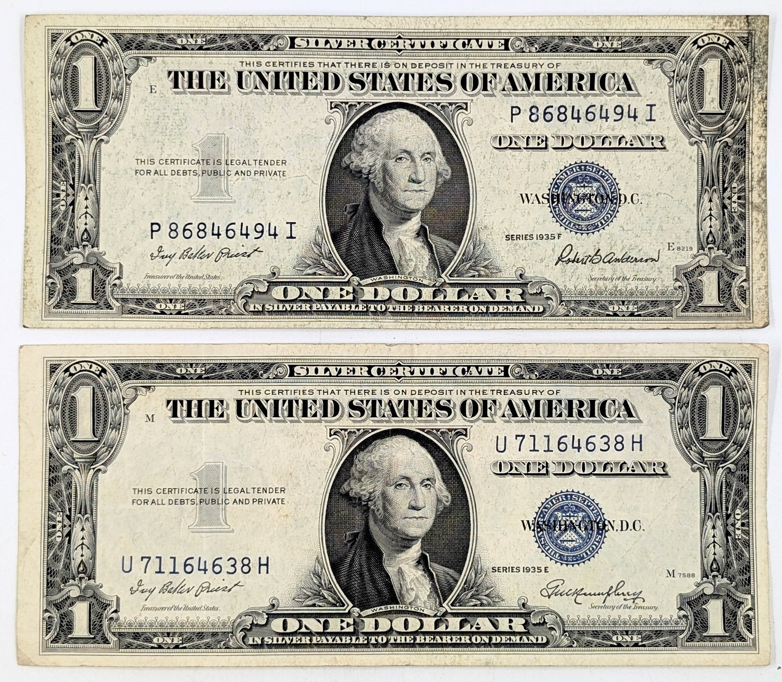 Lot of 2 1935 E/F $1 Notes - Silver Certificates: Circulated