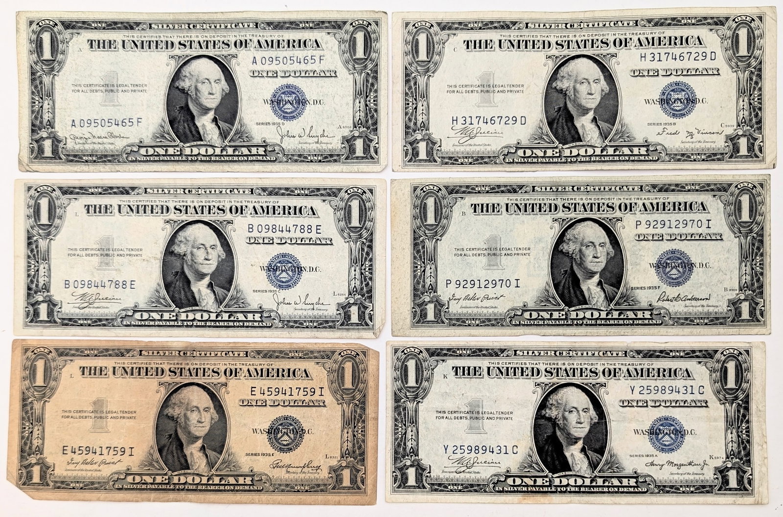 Lot of 6 1935 A-F $1 Notes - Silver Certificates (1 of 2)