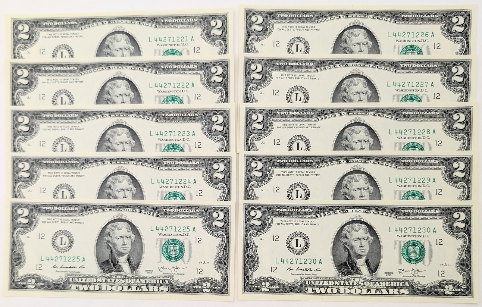Lot of 10 Uncirculated Sequential 2013 $2 Notes - Green Seals (1 of 2)