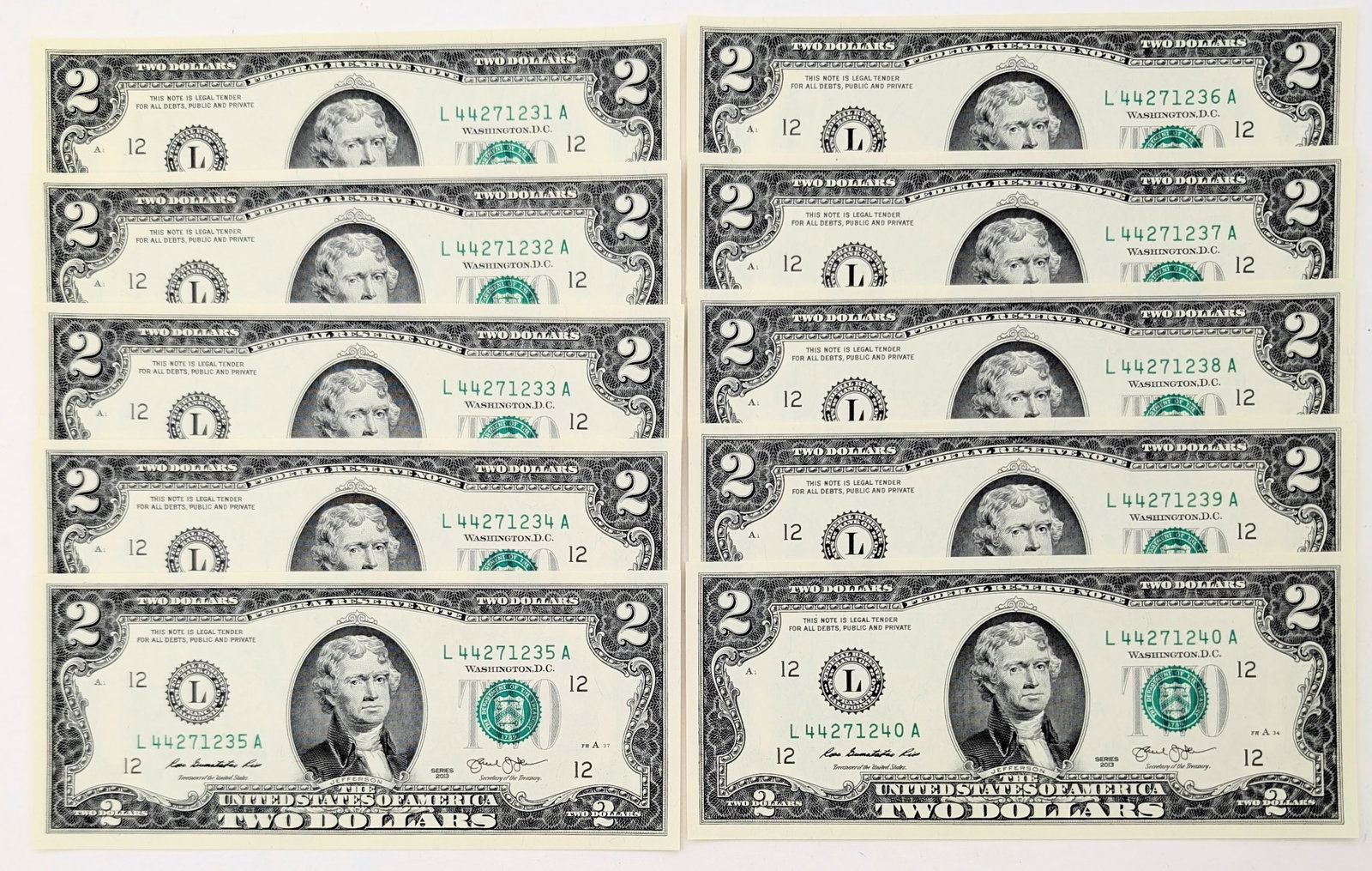 Lot of 10 Uncirculated Sequential 2013 $2 Notes - Green Seals (1 of 2)