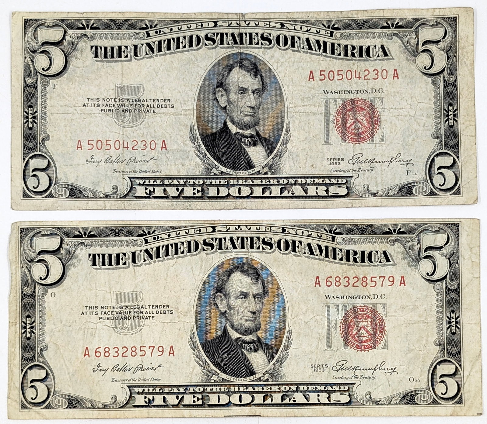 Lot of 2 1953 $5 Notes - Red Seals (1 of 2)
