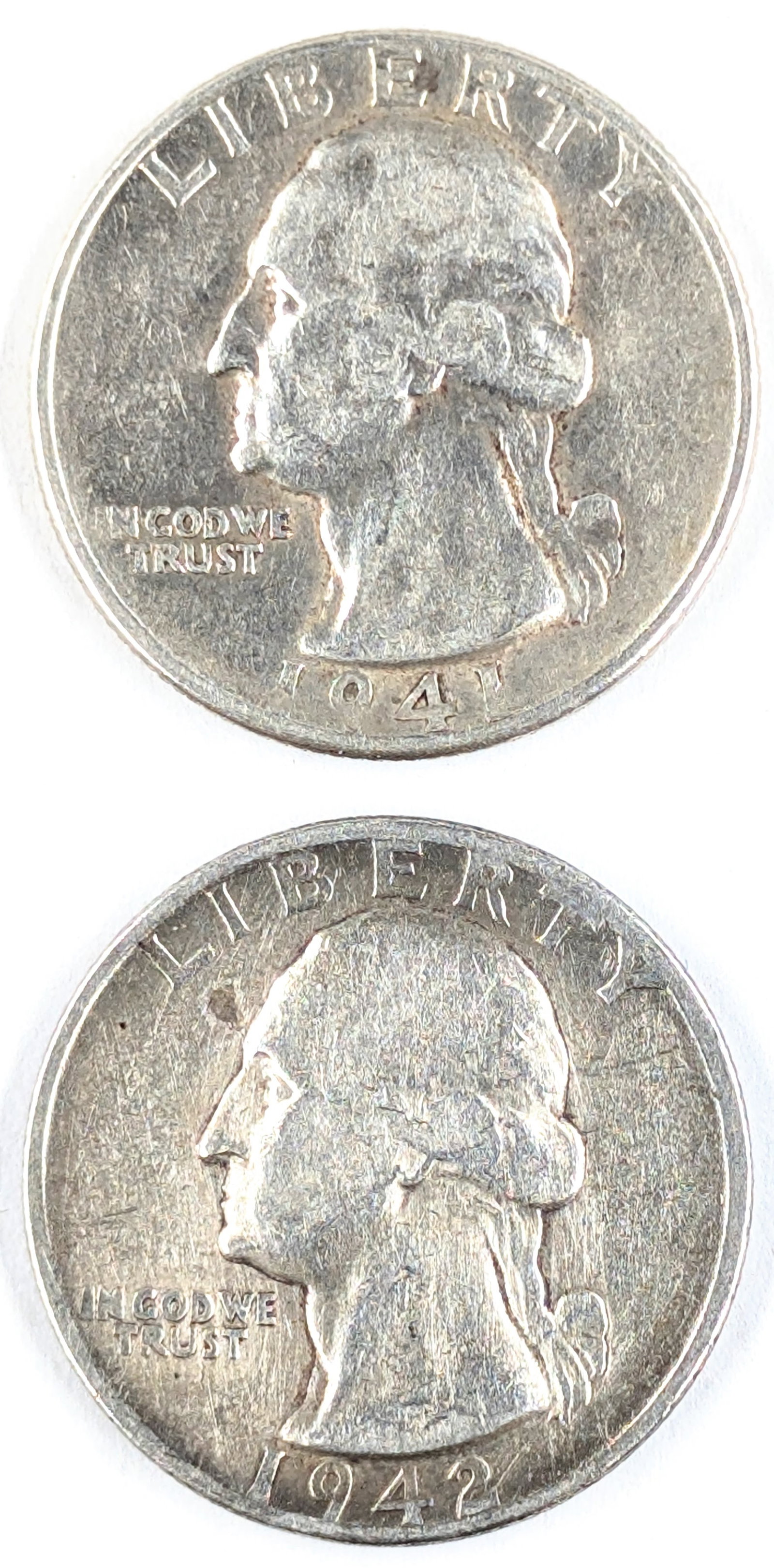 Lot of 2 Silver Washington Quarters - 1941-D, 1942: Silver