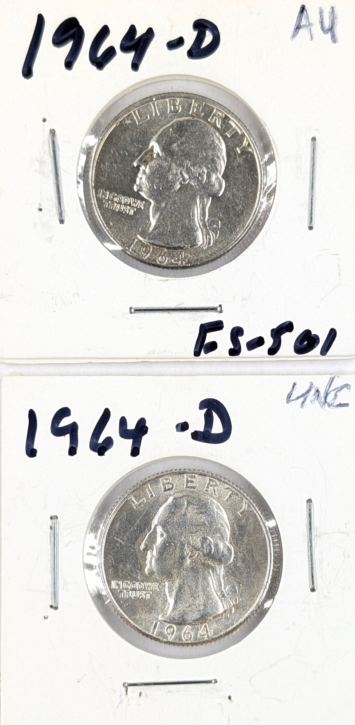 Lot of 2 Silver Washington Quarters - Both AU 1964-D: Silver