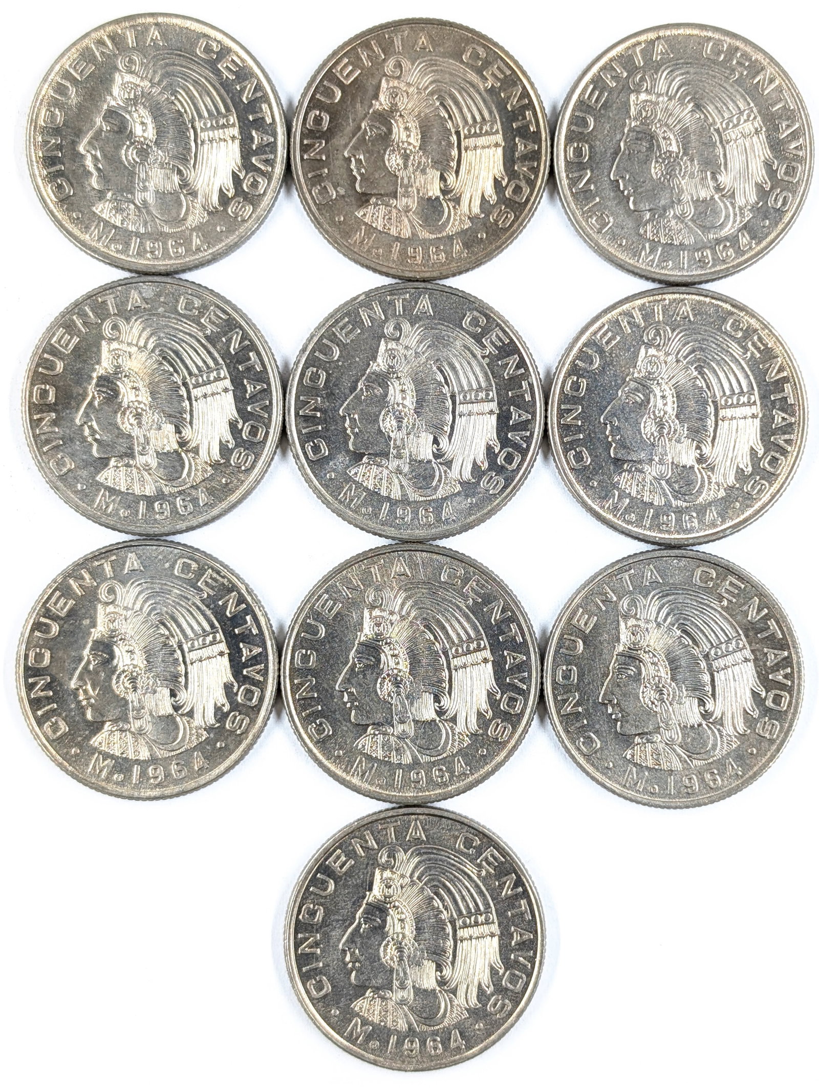 Lot of 10 Uncirculated Mexican 50 Cents: Coin