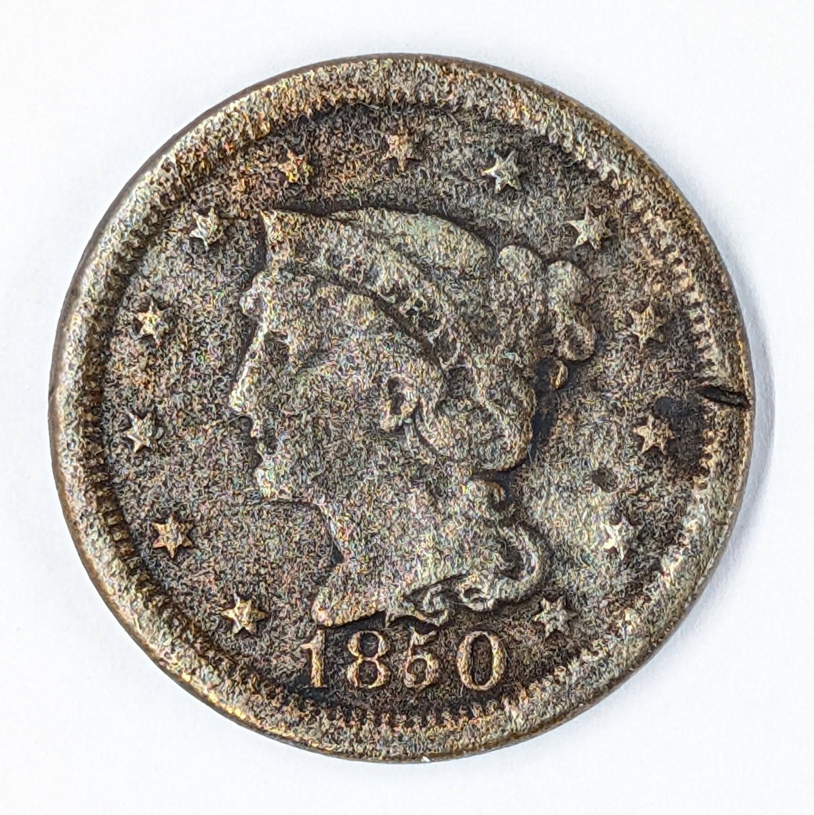 1850 Large Cent: Coin has damage on back