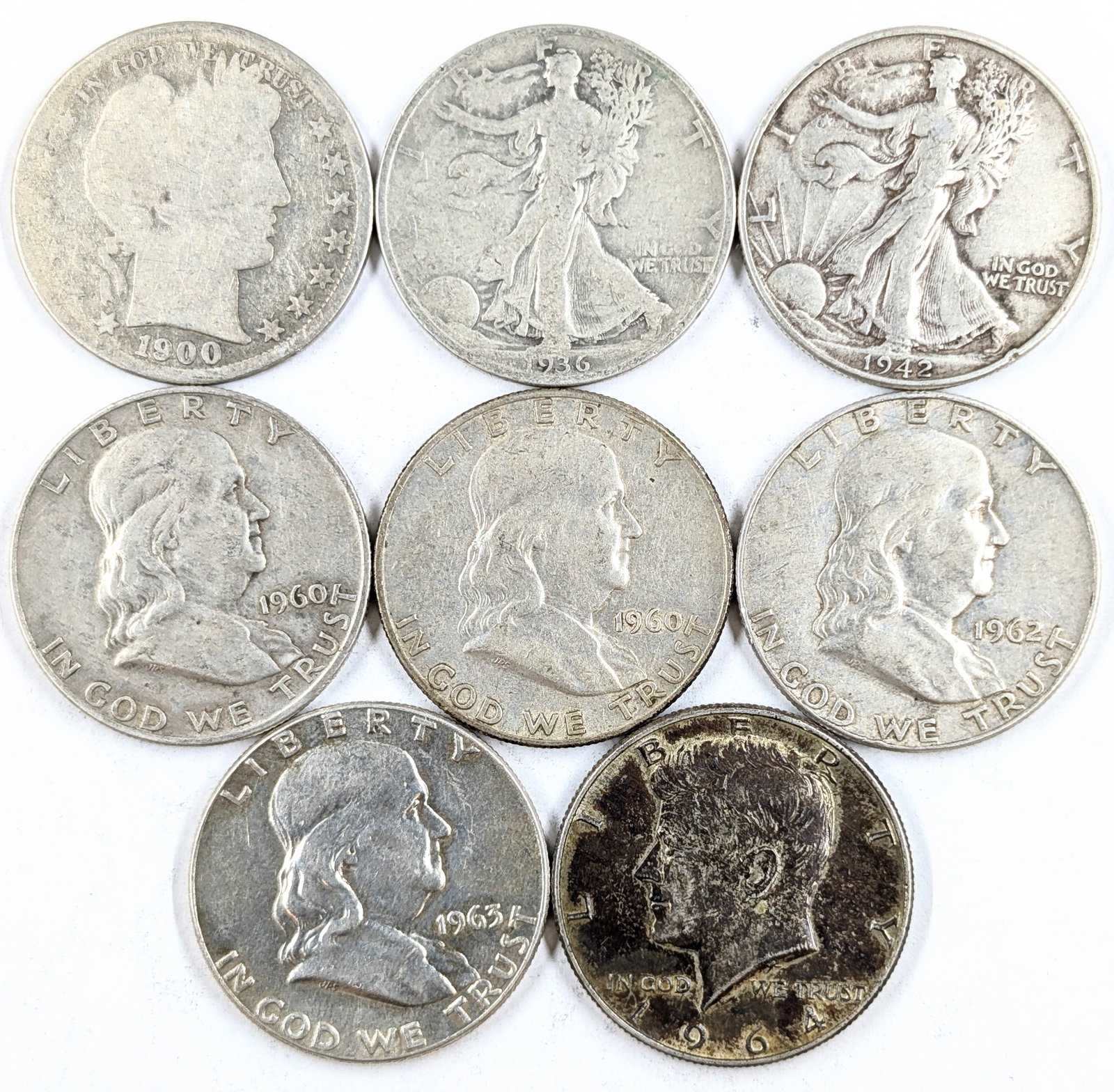 Lot of 8 Silver 1900-1964 Half Dollars - Barber, Walkers, Franks, JFK: Silver