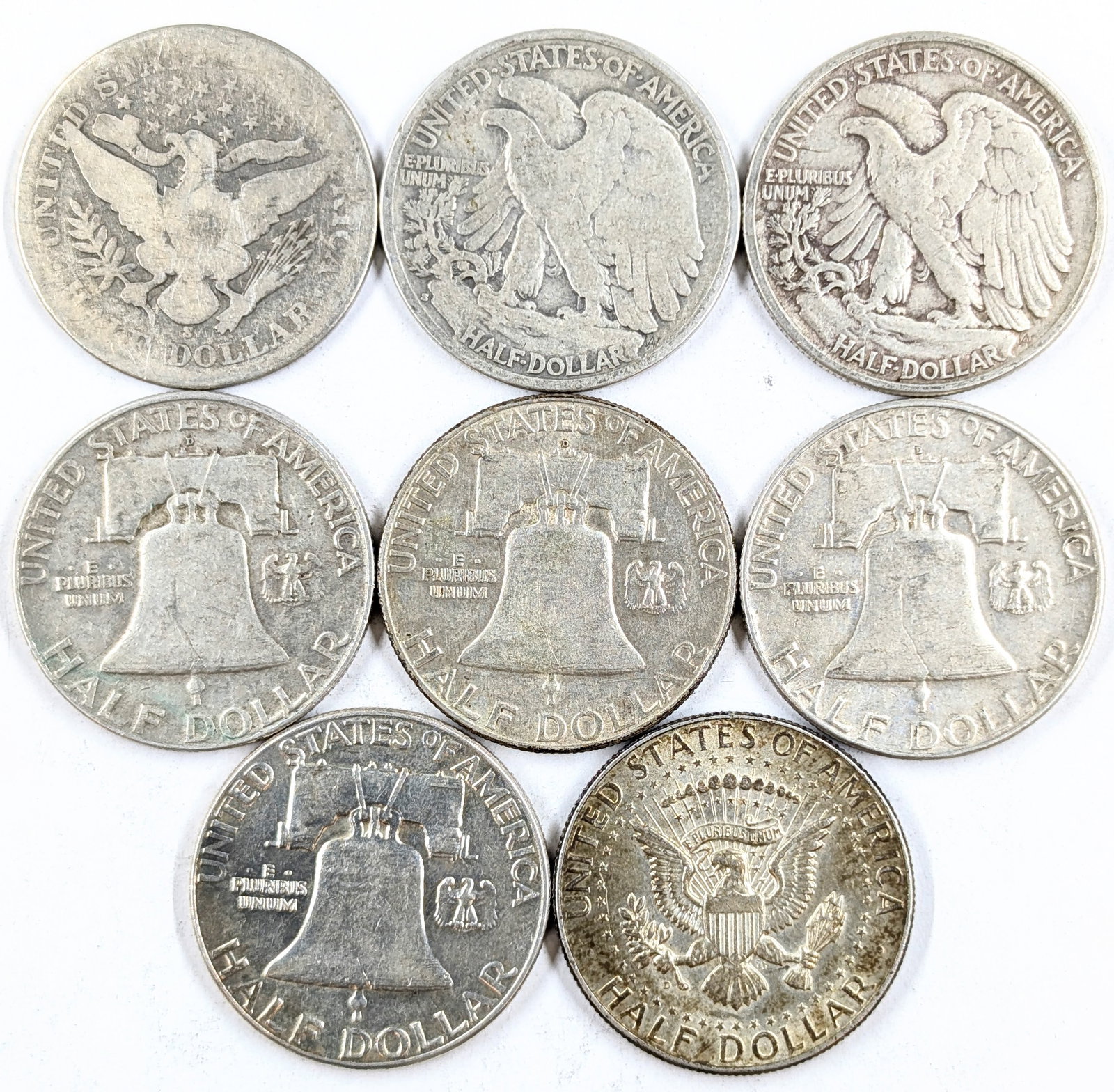 Lot of 8 Silver 1900-1964 Half Dollars - Barber, Walkers, Franks, JFK - 2