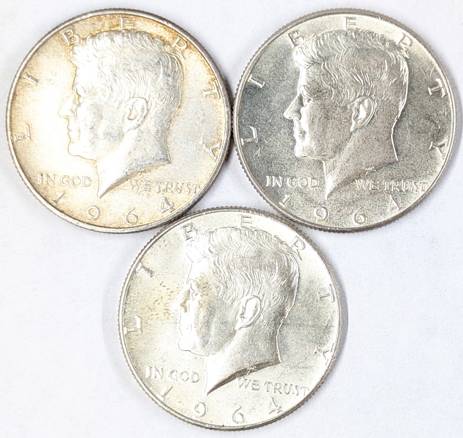 Lot of 3 Silver 1964 John F Kennedy Half Dollars - 1 Toner: Silver
