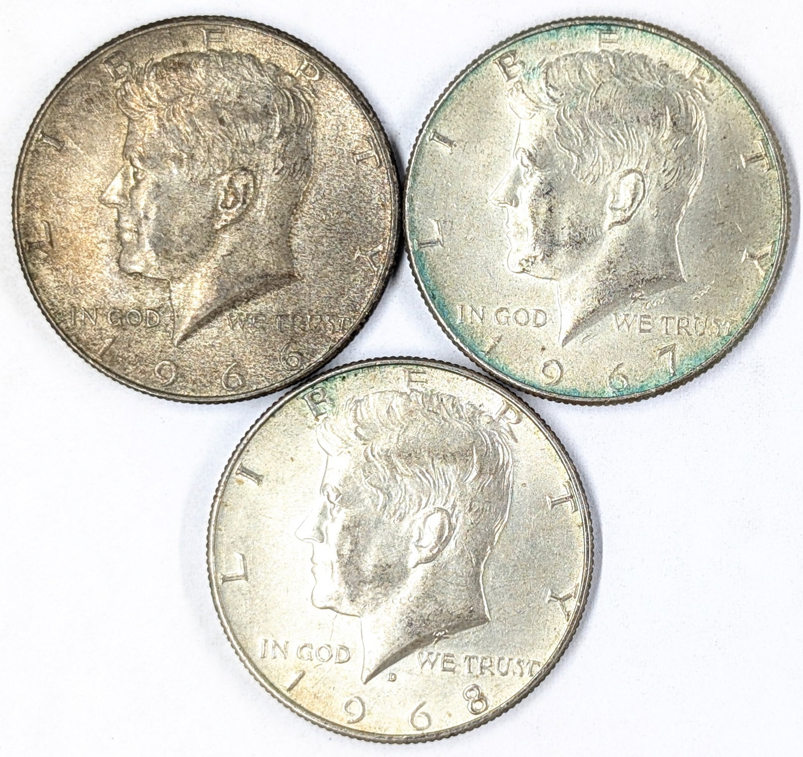 Lot of 3 Silver John F Kennedy Half Dollars - 1966, 1967, 1968-D (1 of 2)