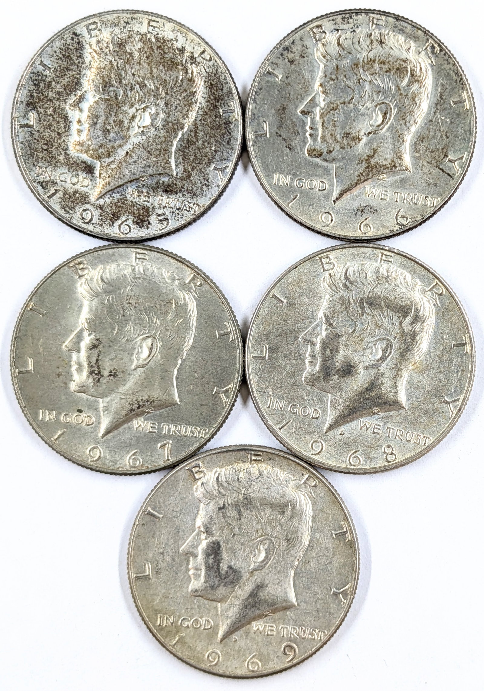 Lot of 5 Silver John F Kennedy Half Dollars - 1965-1969: 40% Silver
