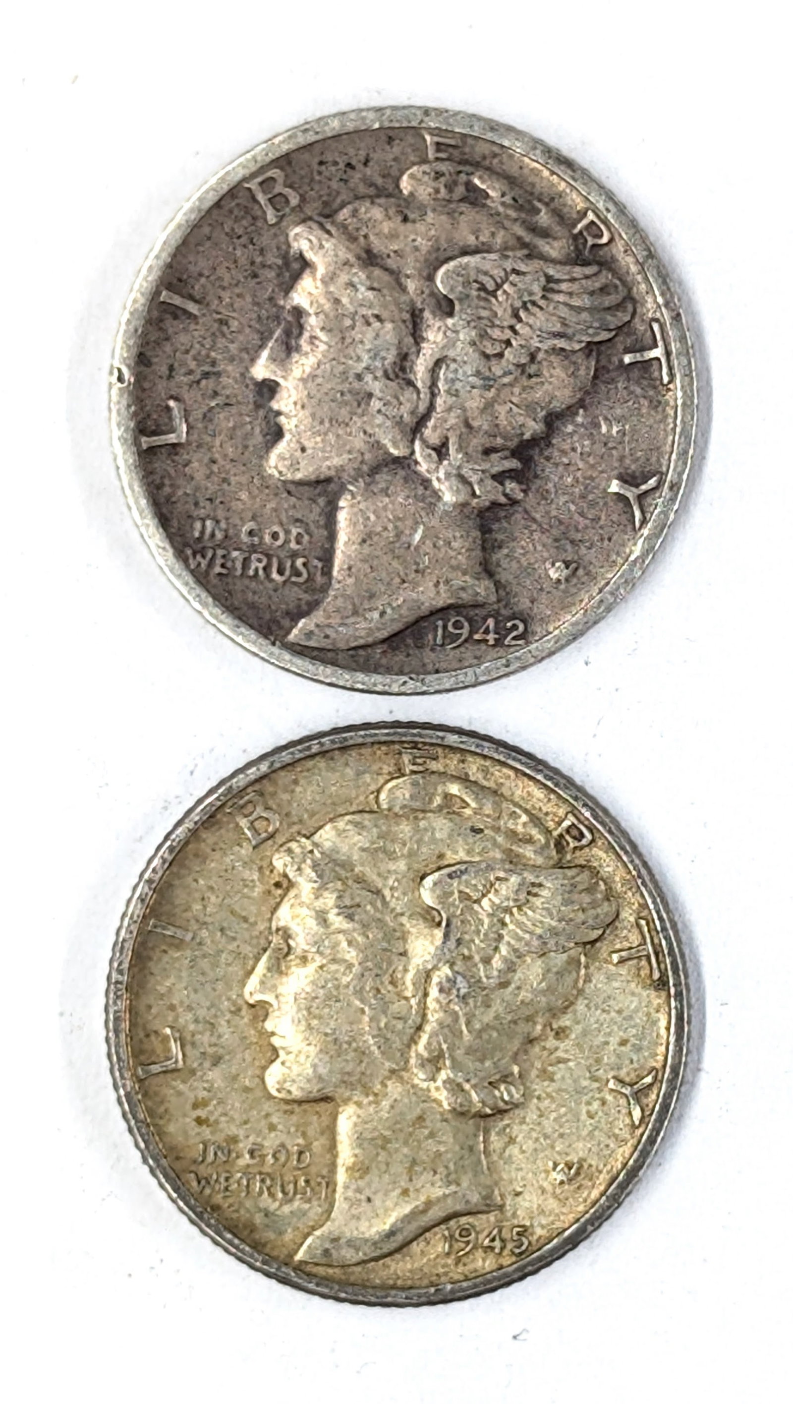 Lot of 2 Silver Mercury Dimes - 1942-S, 1945: Silver