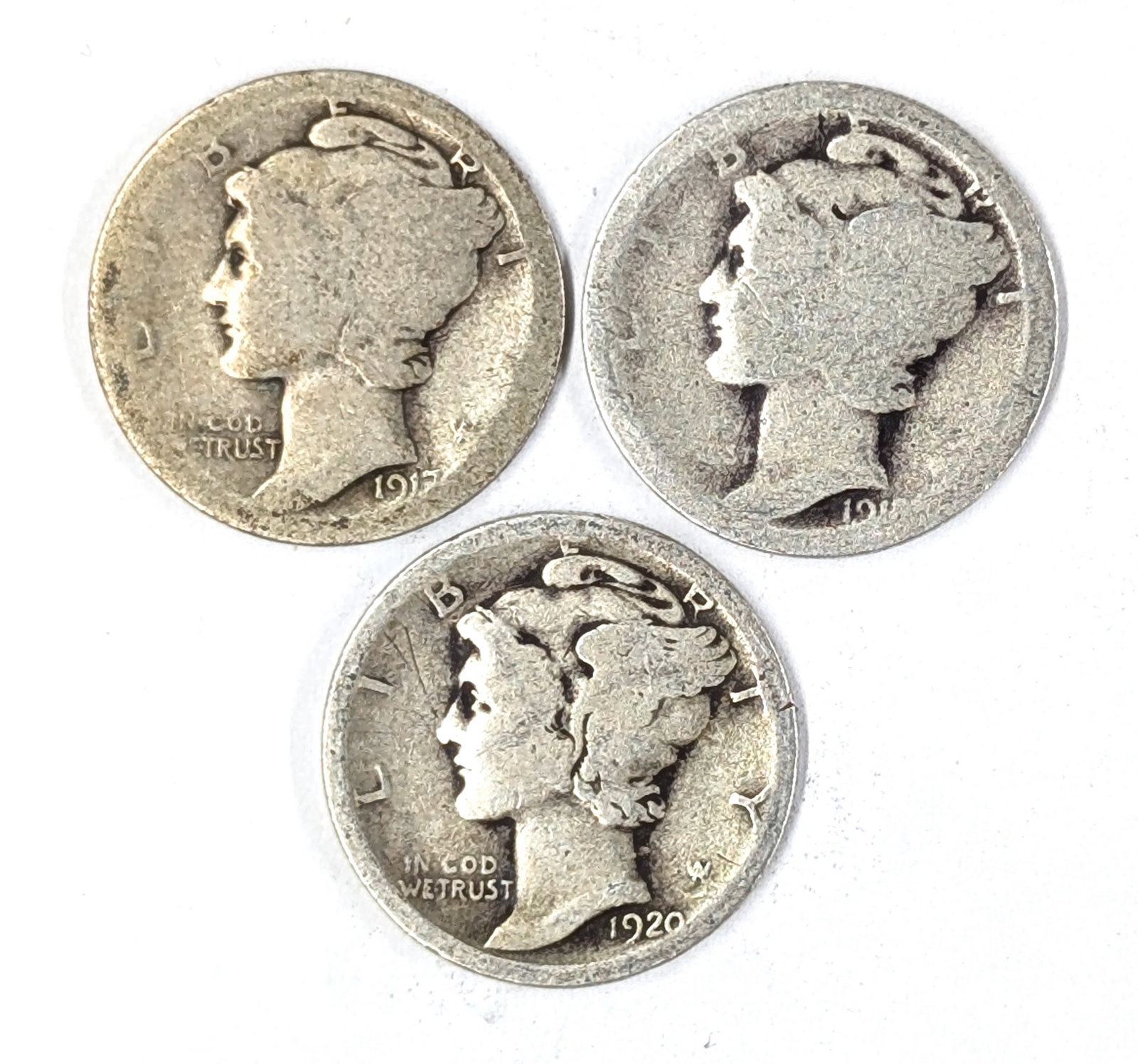 Lot of 3 Silver Mercury Dimes - 1917-1920: Silver