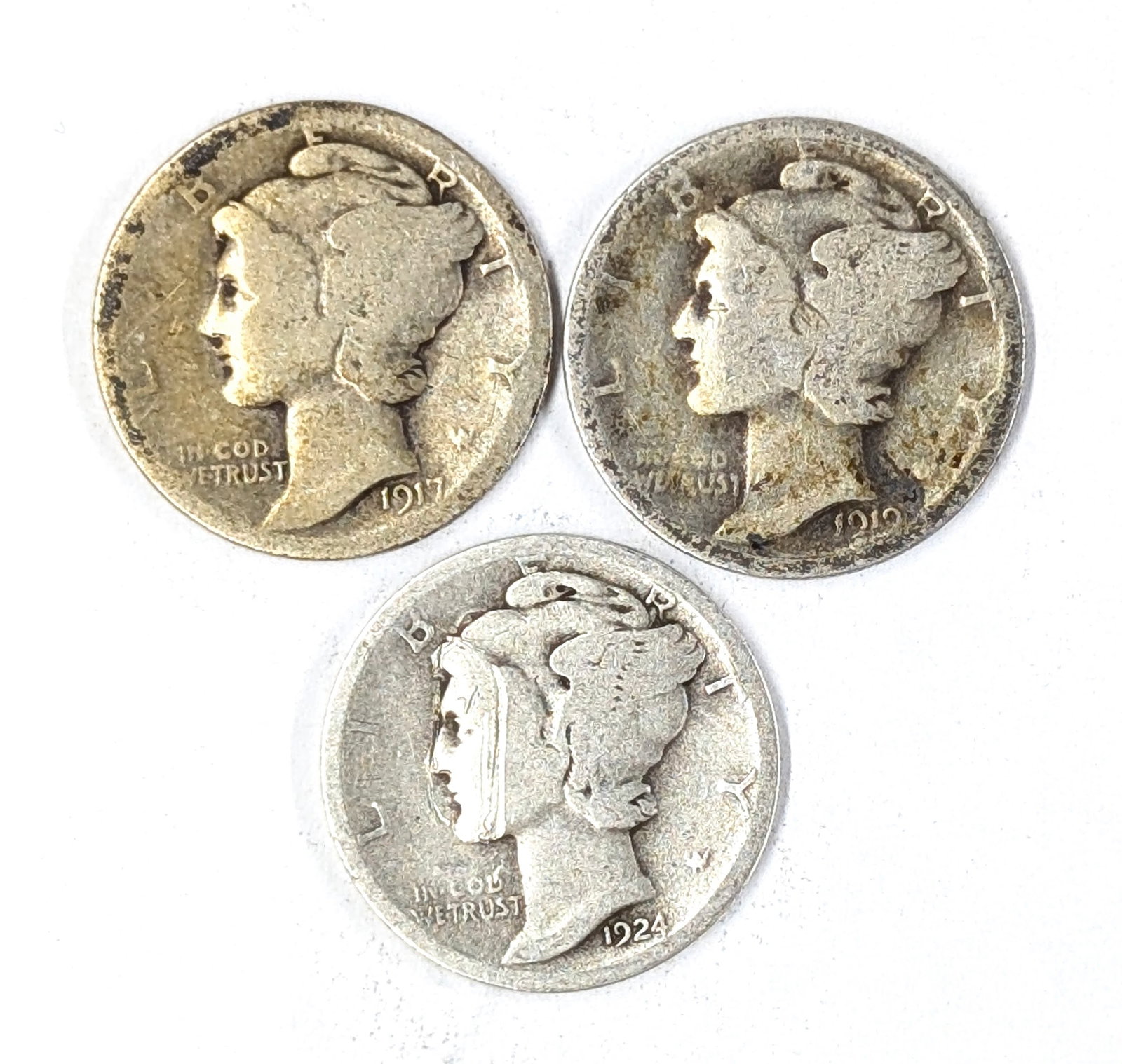 Lot of 3 Silver Mercury Dimes - 1917-1924: Silver